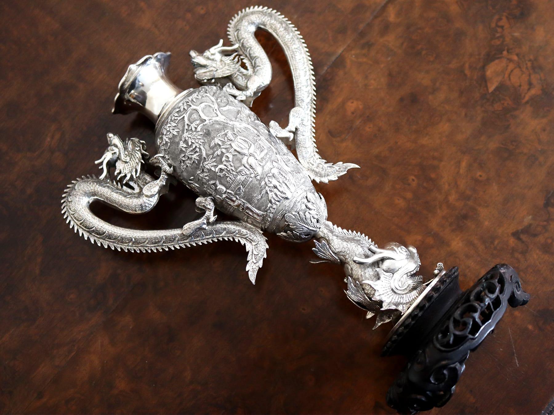 Antique Chinese Export Silver and Cherry Wood Vase Circa 1890 For Sale 1