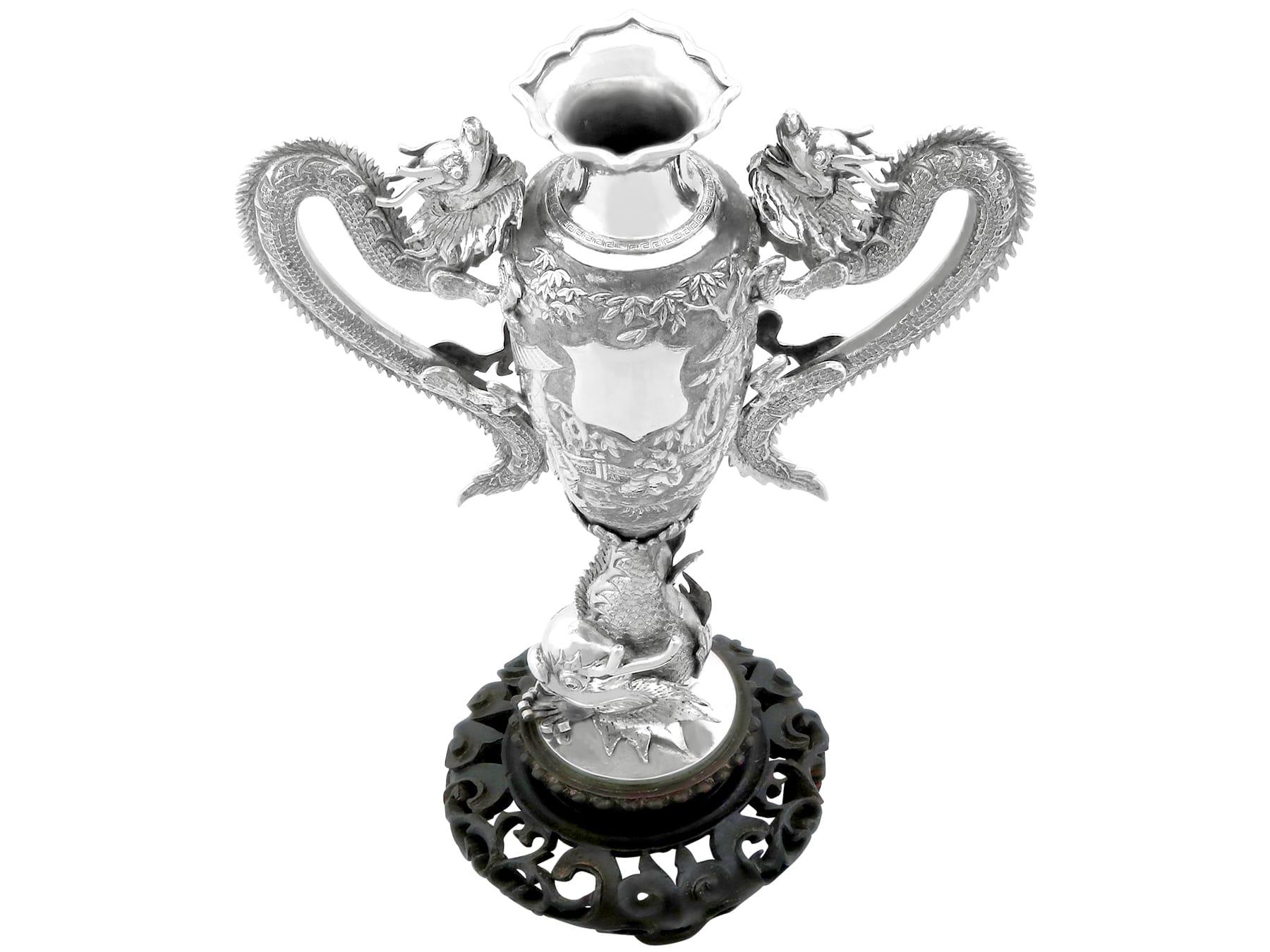Antique Chinese Export Silver and Cherry Wood Vase Circa 1890 For Sale 4