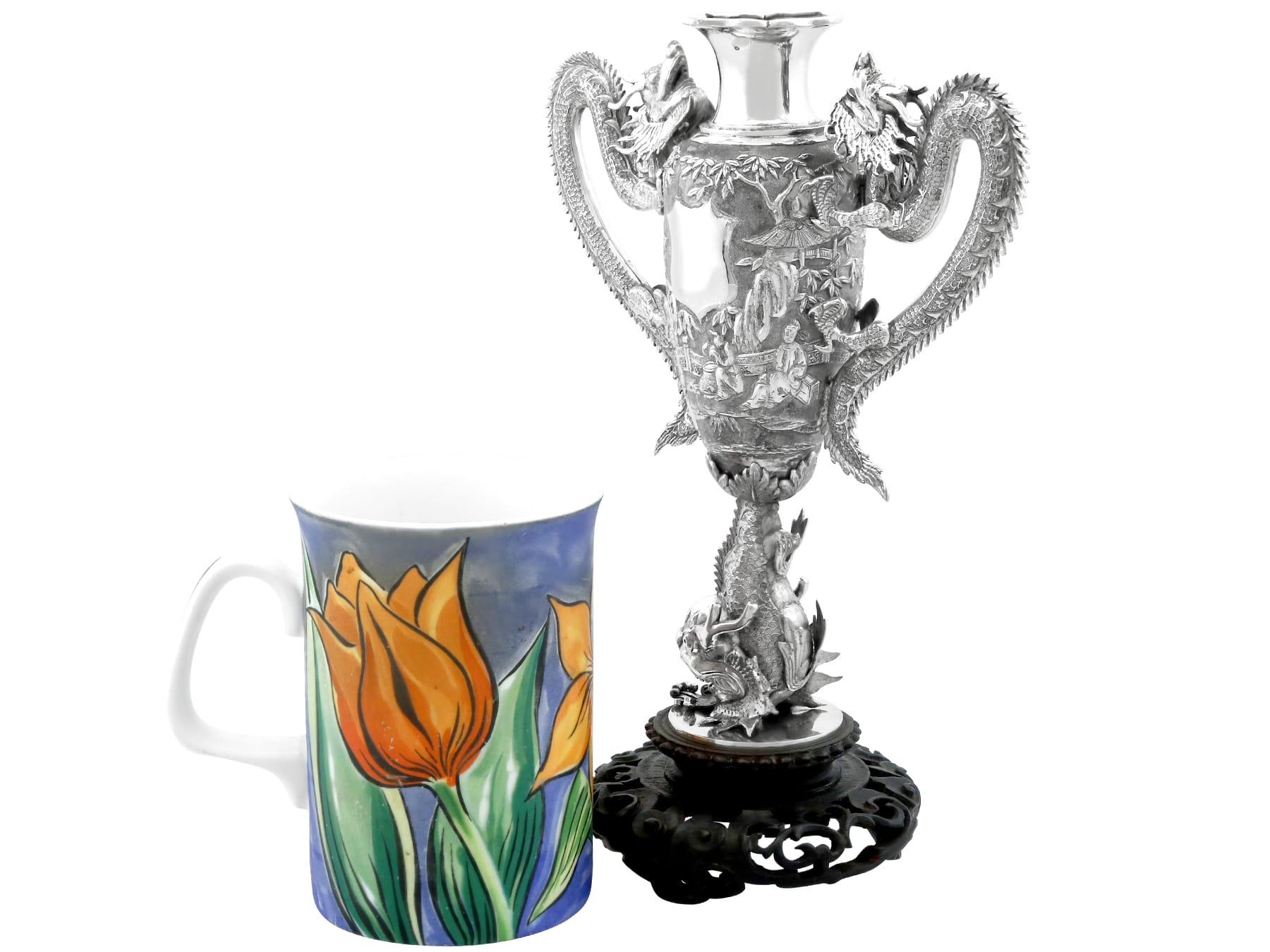 Antique Chinese Export Silver and Cherry Wood Vase Circa 1890 For Sale 5