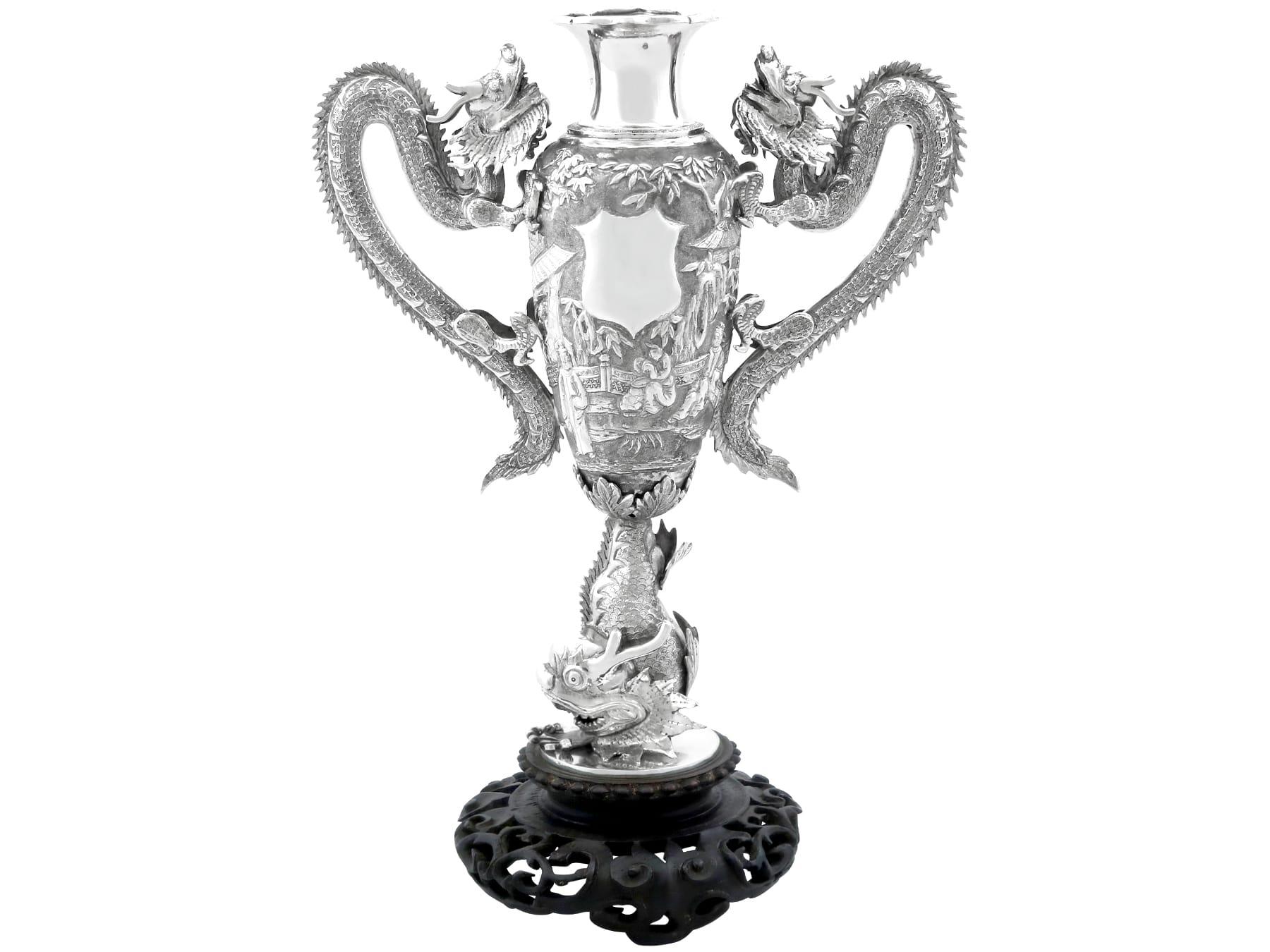 Antique Chinese Export Silver and Cherry Wood Vase Circa 1890 For Sale