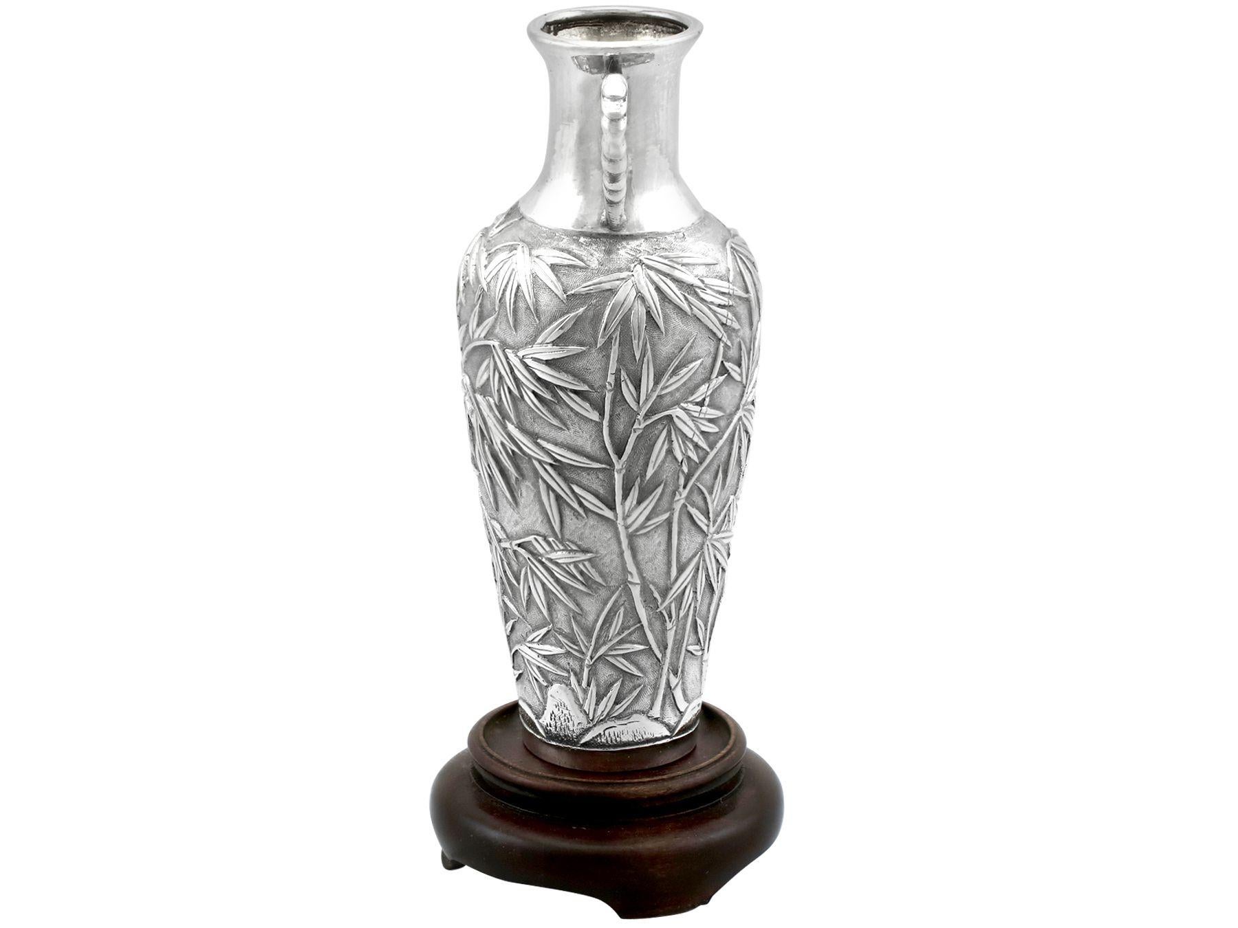Sterling Silver Antique Chinese Export Silver and Cherry Wood Vases For Sale