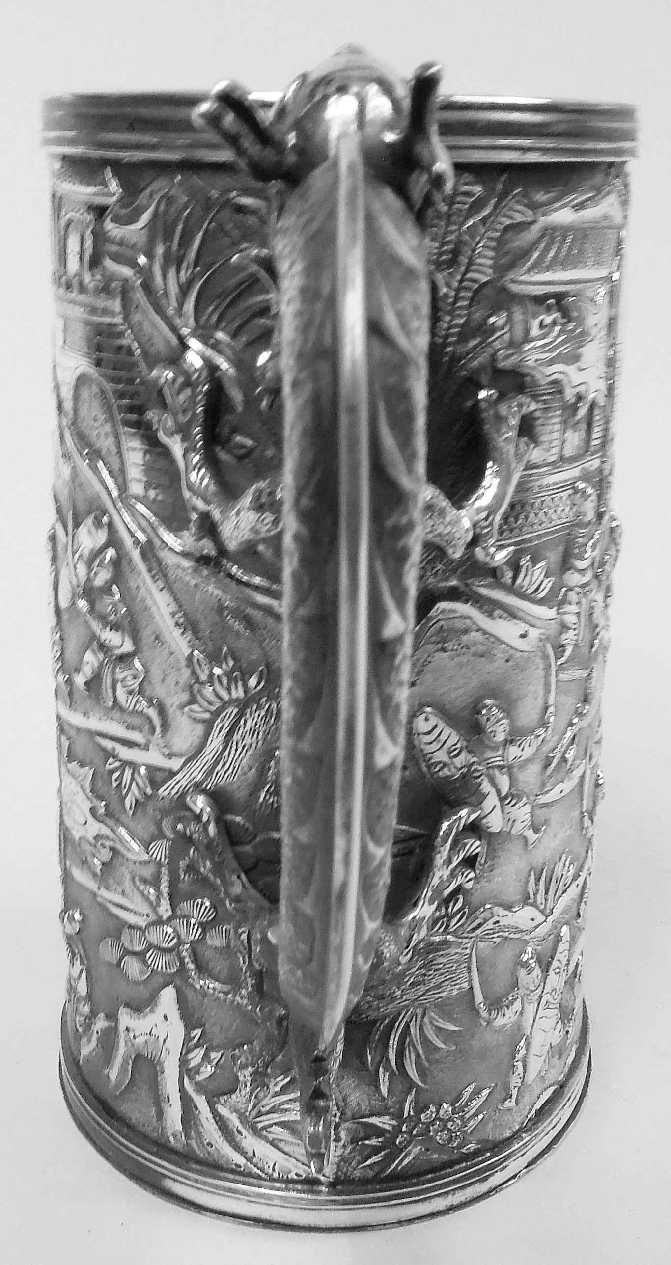 19th Century Antique Chinese Export Silver Battle Mug with Dragon Handle For Sale