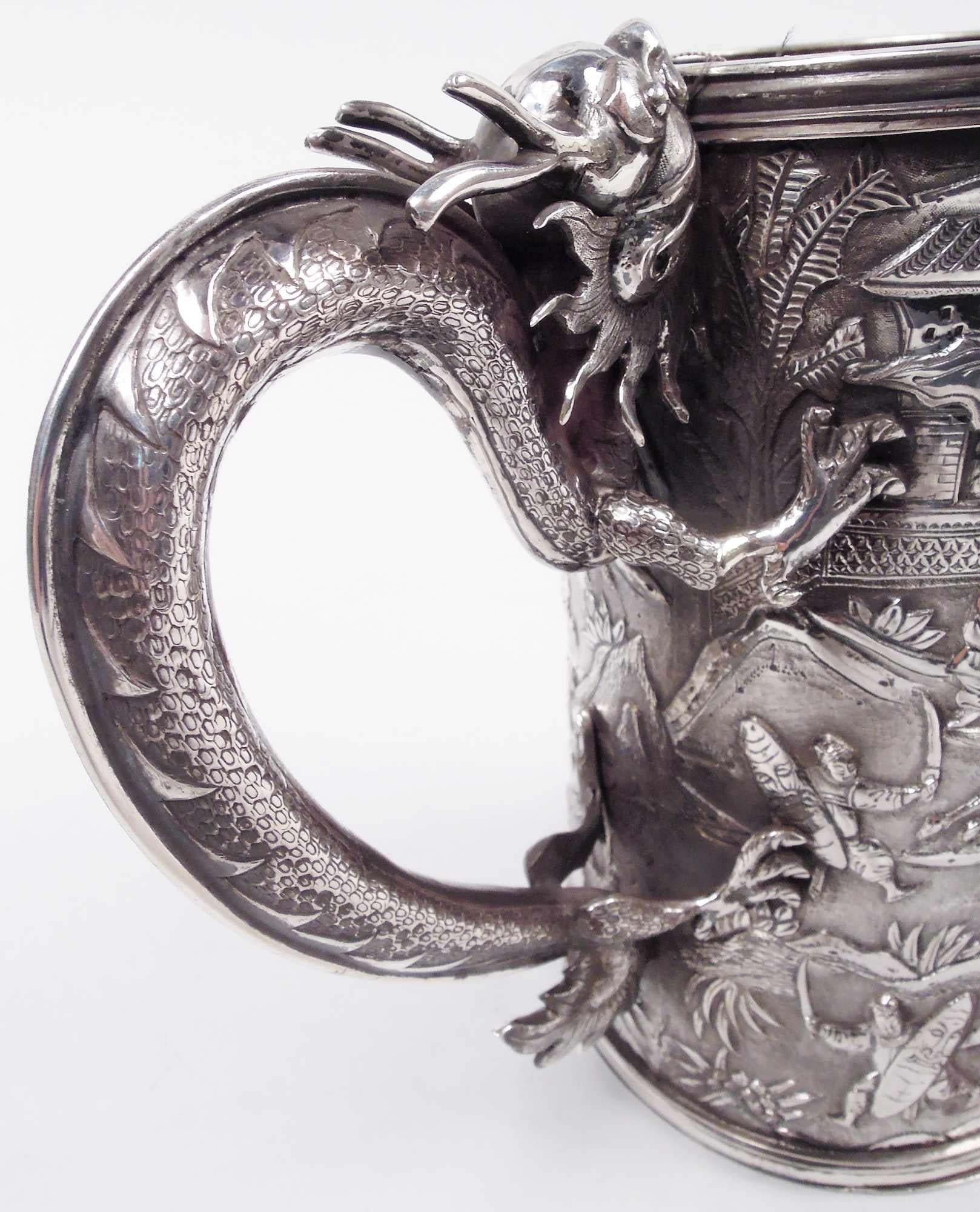 Antique Chinese Export Silver Battle Mug with Dragon Handle For Sale 2