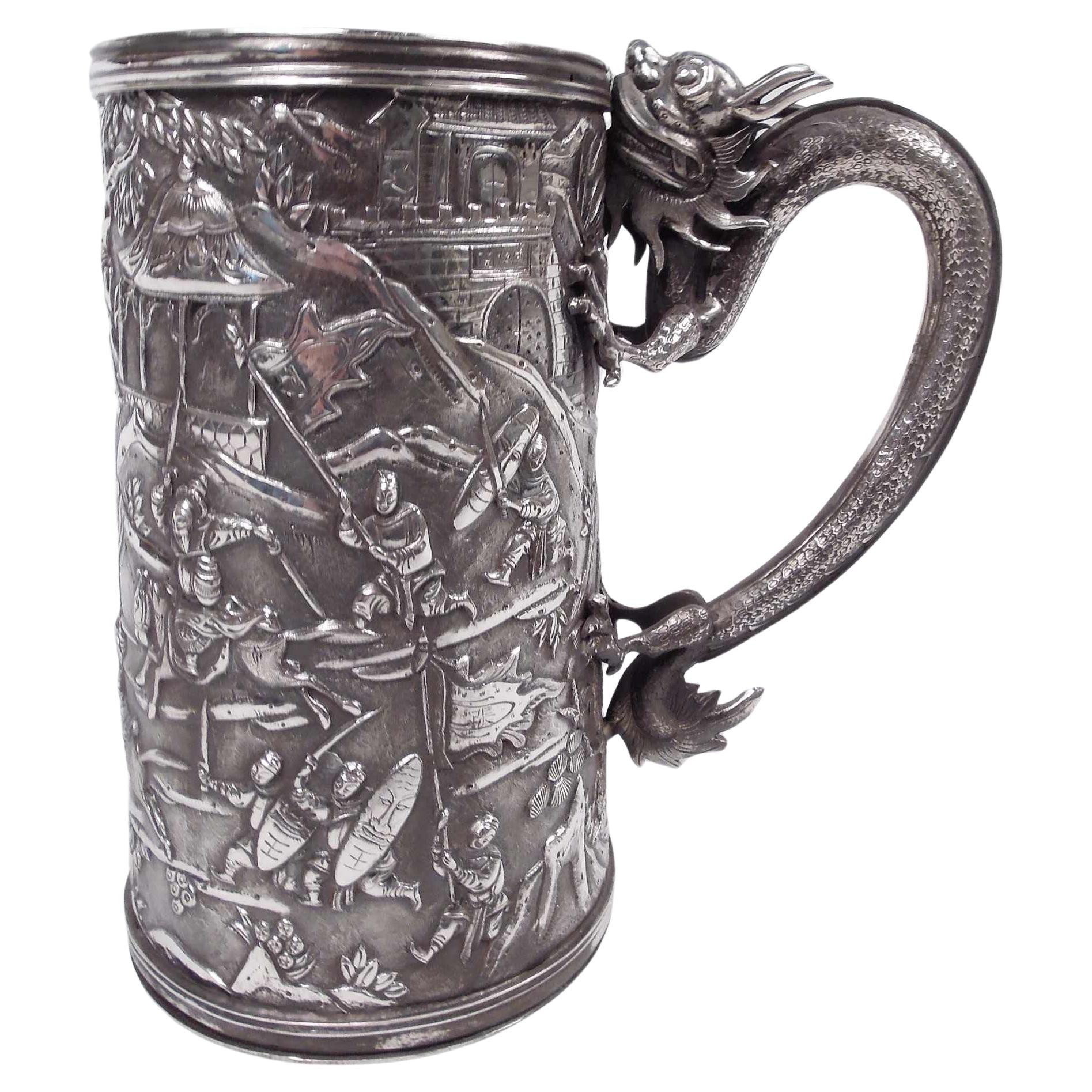 Antique Chinese Export Silver Battle Mug with Dragon Handle For Sale