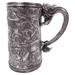 Antique Chinese Export Silver Battle Mug with Dragon Handle
