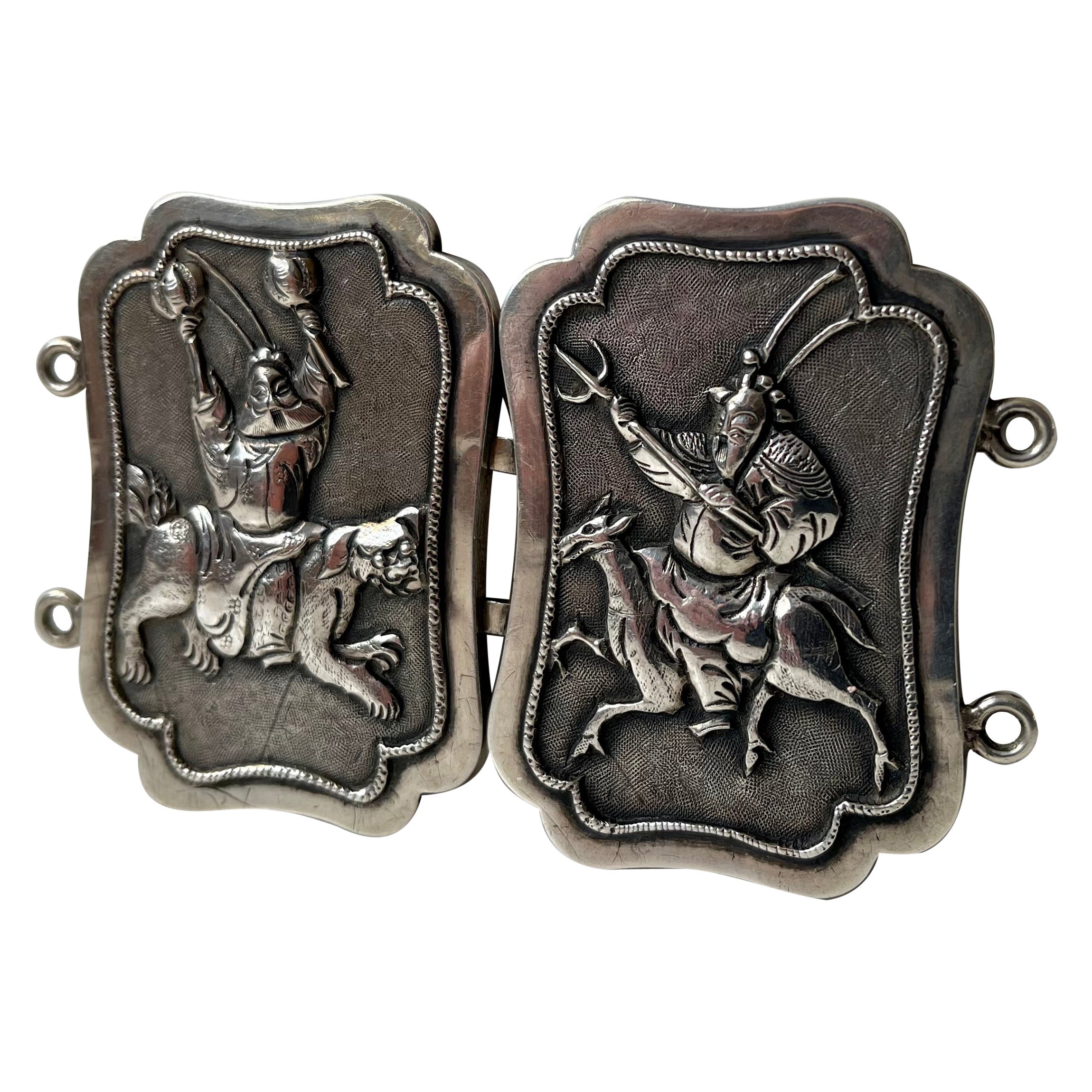 Antica fibbia da cintura cinese in argento con samurai, Woshing Shanghai
