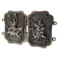 Antique Chinese Export Silver Belt Buckle with Samurais, Woshing Shanghai