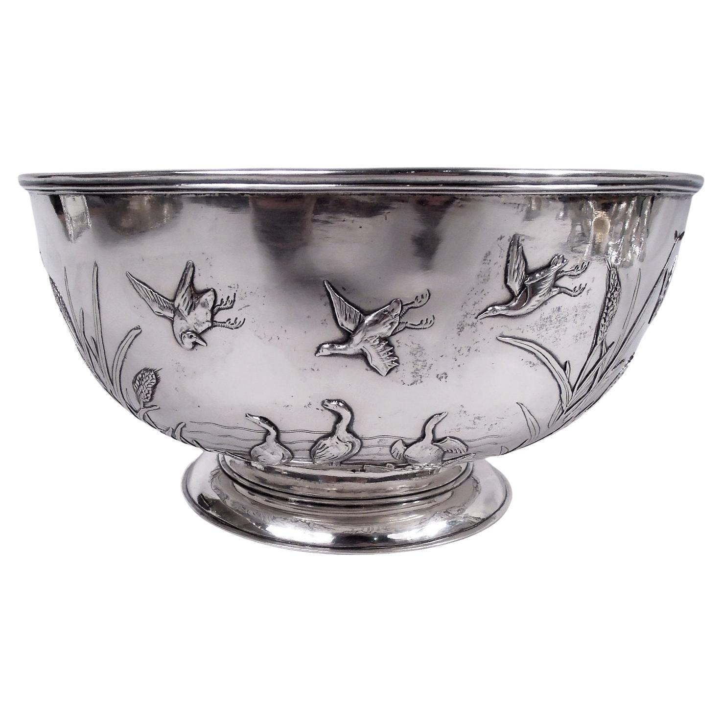 Ancienne coupe à oiseaux et quenouilles en argent exporté de Chine