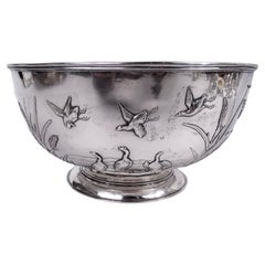 Ancienne coupe à oiseaux et quenouilles en argent exporté de Chine