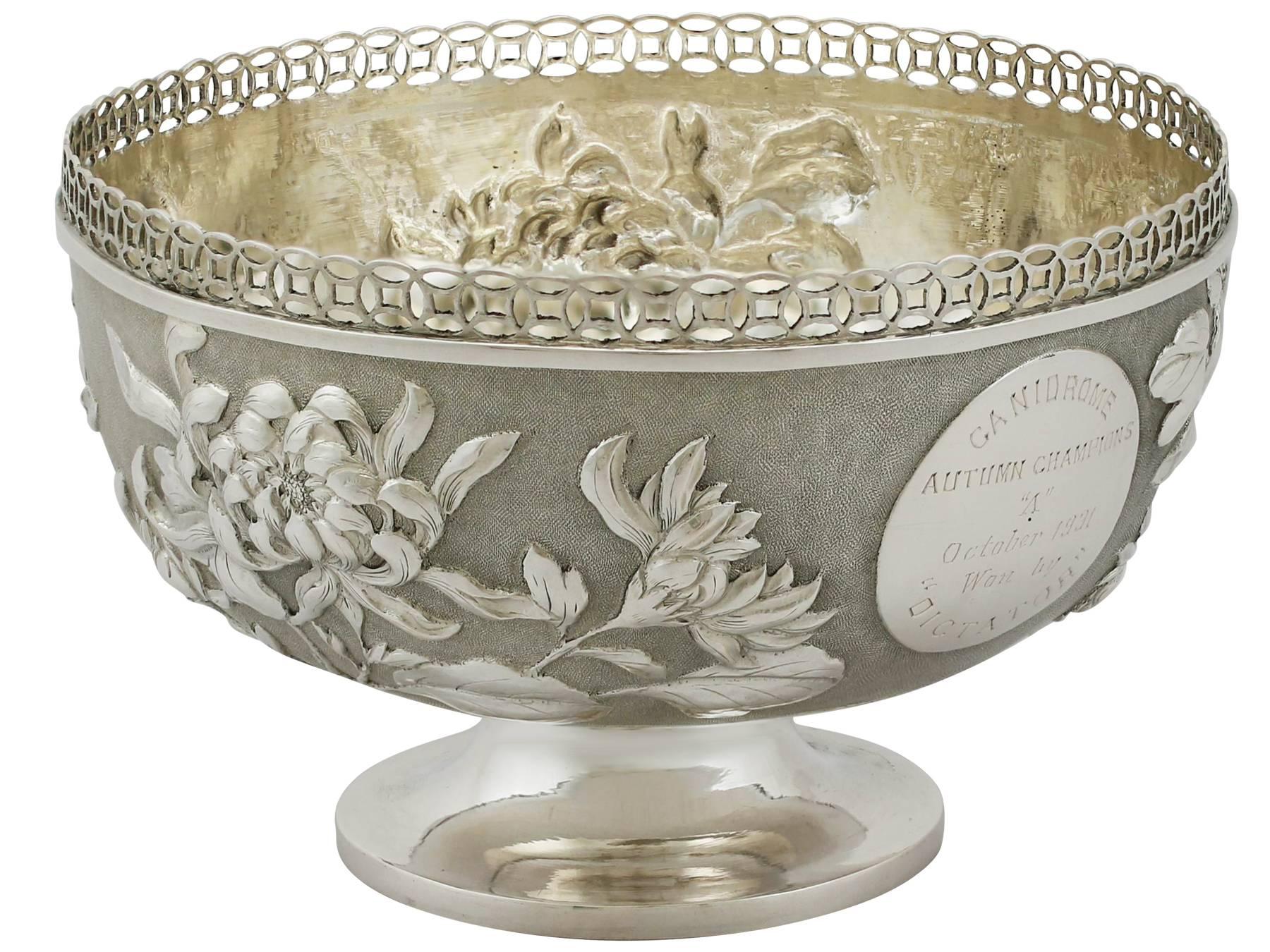 A fine and impressive antique Chinese export silver bowl; an addition to our Chinese/Asian silverware collection.

This exceptional Chinese export silver bowl has a plain circular form onto a plain circular spreading foot.

The body of this