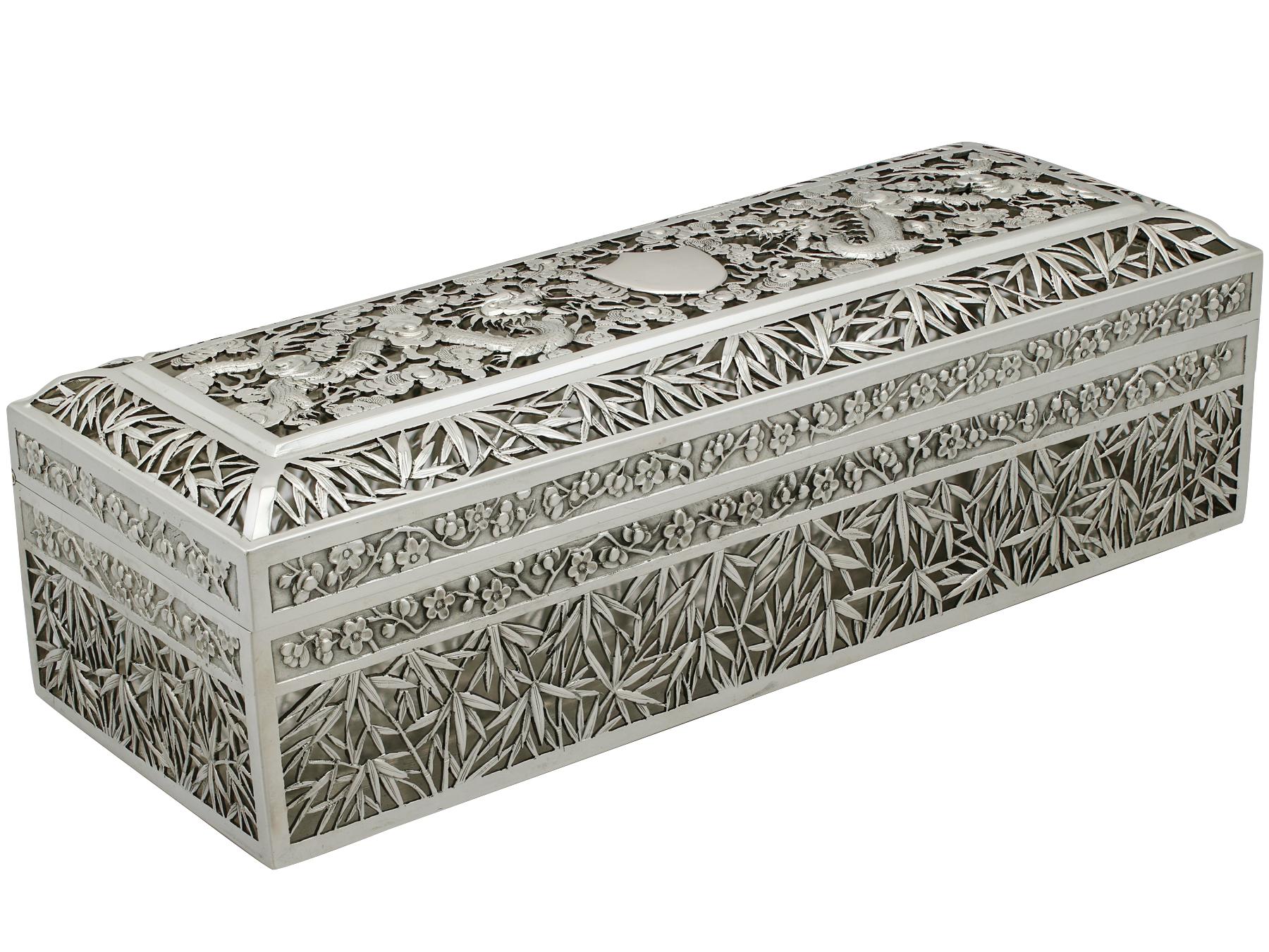 A magnificent, fine and impressive antique Chinese export silver box; an addition to our oriental silver boxes collection.

This magnificent antique Chinese export silver (CES) box has a rectangular form.

The lower portion of this antique