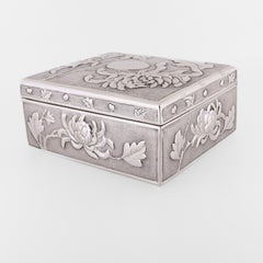 Antique Chinese Export Silver Box with Repousse Chrysanthemums by Zee Wo
