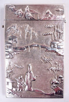 Porte-cartes antique en argent d'exportation chinois pour le pont et le pavillon