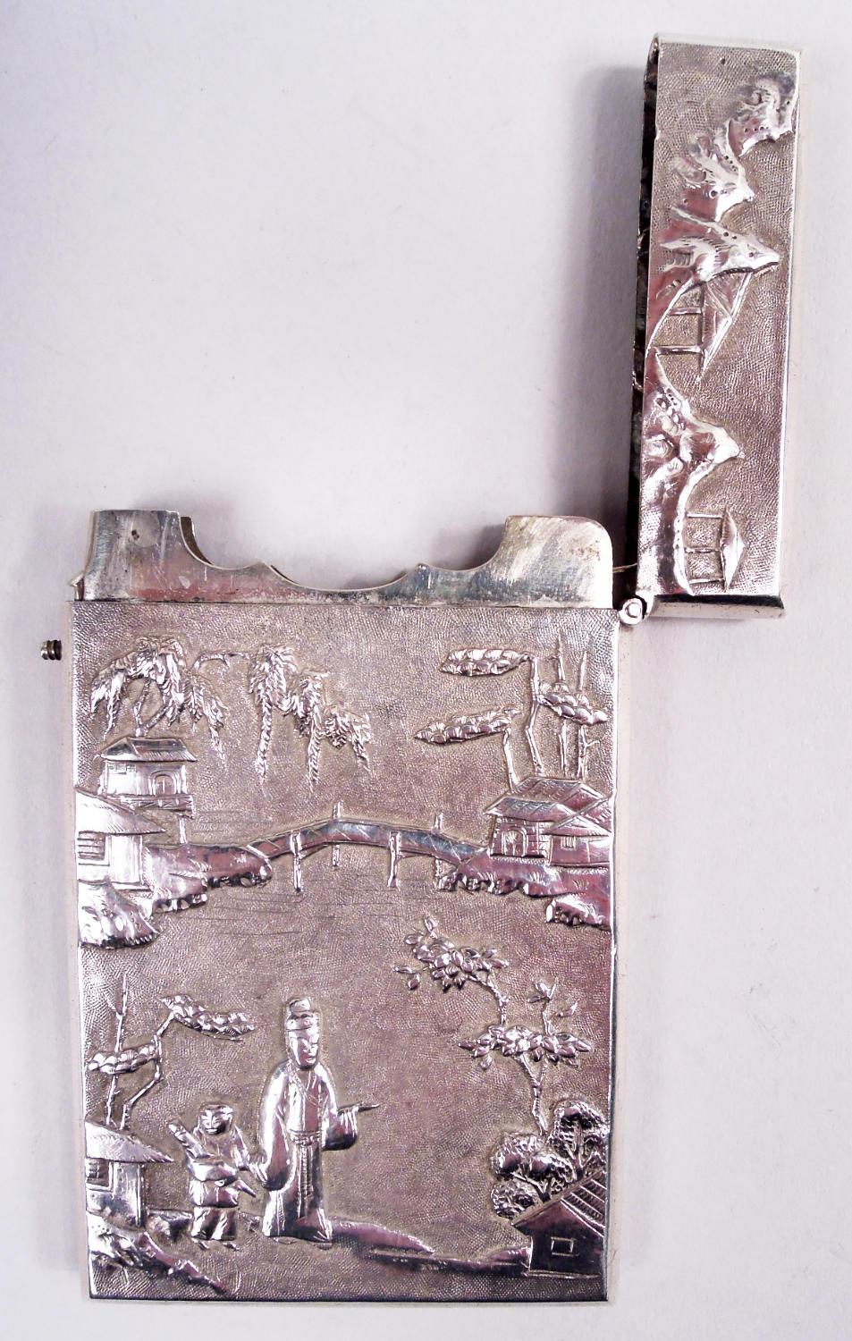 20th Century Antique Chinese Export Silver Bridge & Pavilion Card Case For Sale