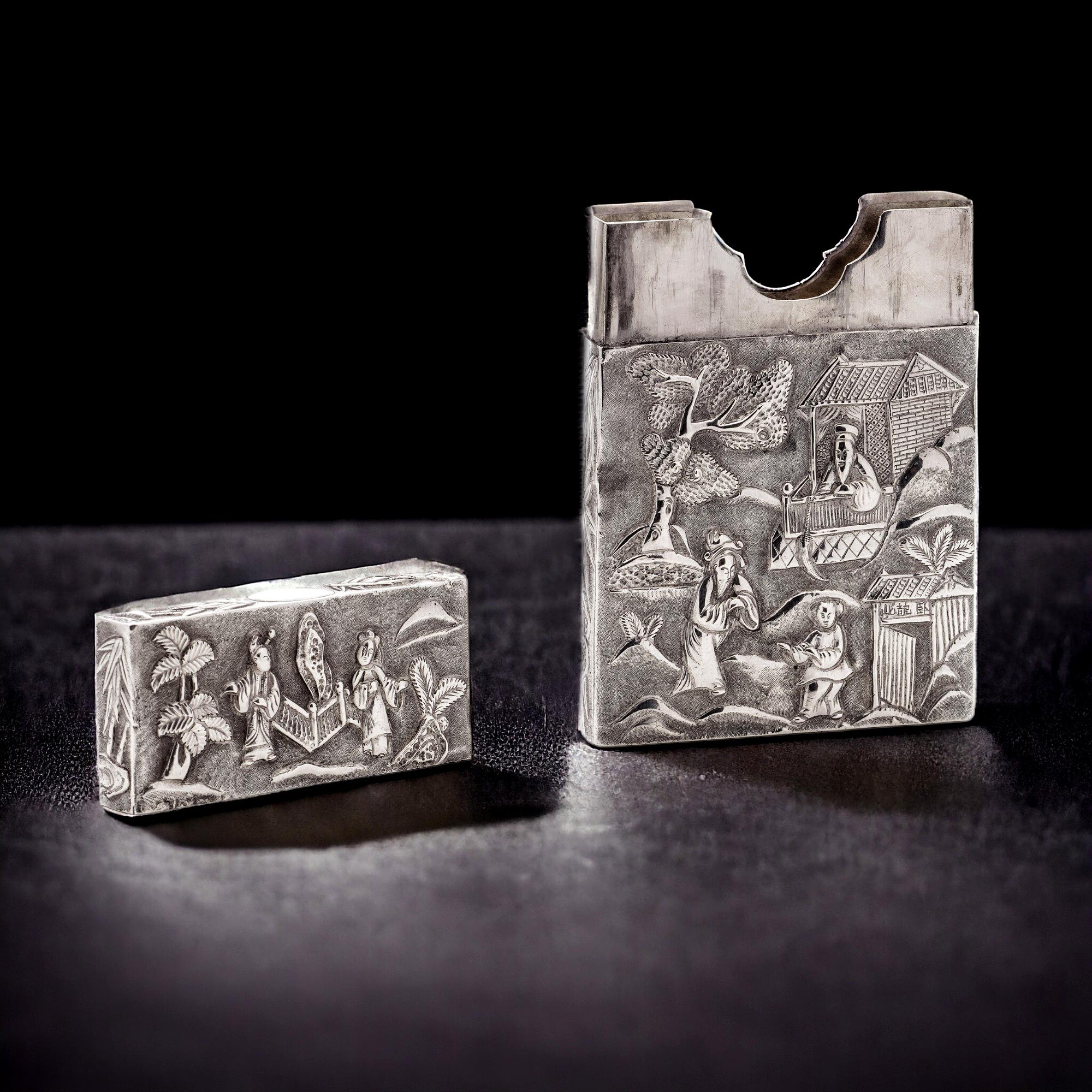 Antique Chinese export silver card case adorned with courtly scene and pagoda decoration. 
Made in China, Circa 1860's 
Stamped with maker's mark CUT. 
X - Ray tested positive for 900. silver. 

Dimensions -
Height: 9.1 cm 
Width: 6.1 cm 
Weight: