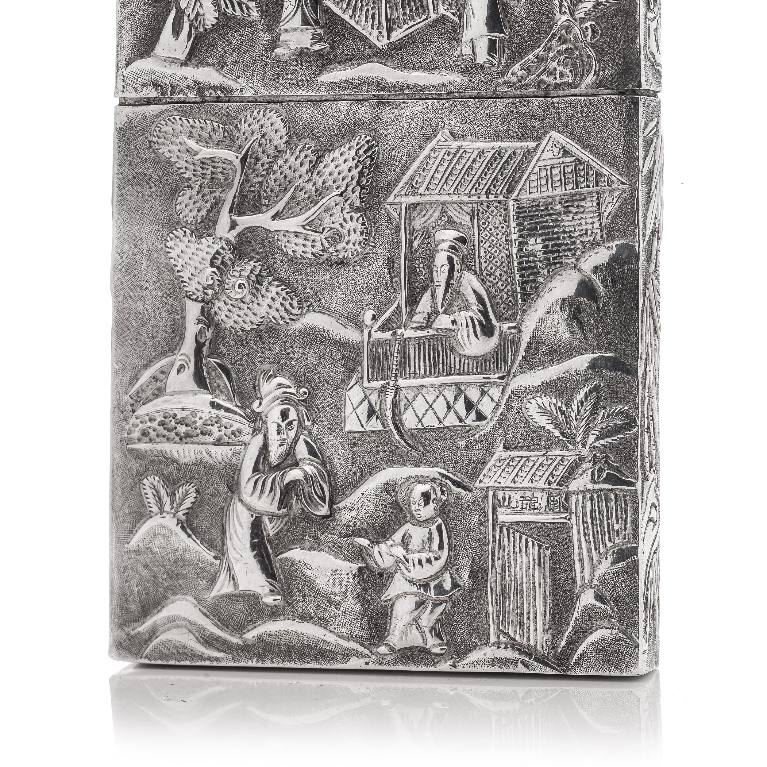 Silver Antique Chinese export silver card case with courtly scene  For Sale