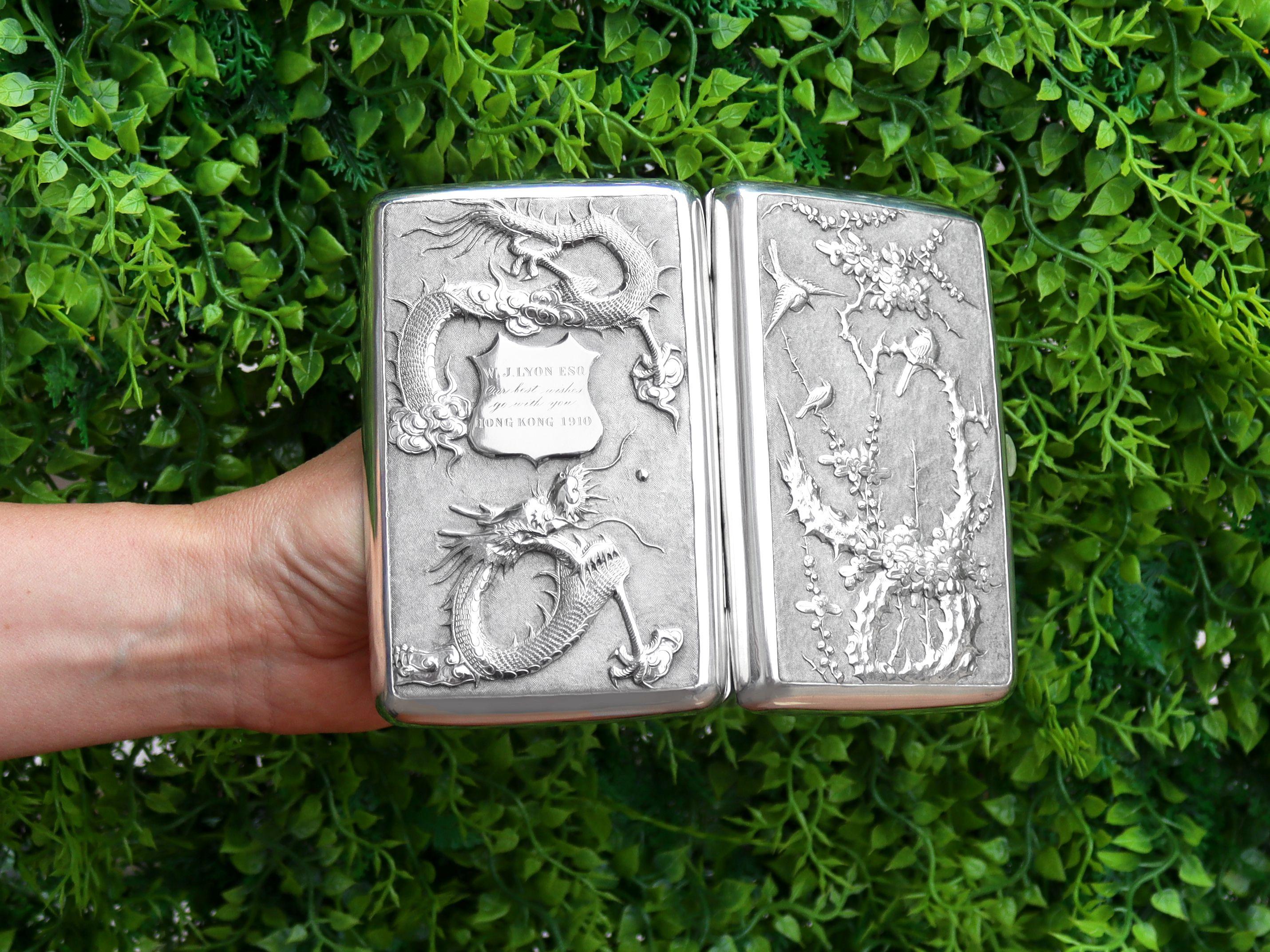 An exceptional, fine and impressive antique Chinese Export Silver cigar case; part of our diverse Asian silverware collection

This exceptional antique Chinese Export Silver (CES) cigar case has a plain rectangular rounded form.

The anterior cover