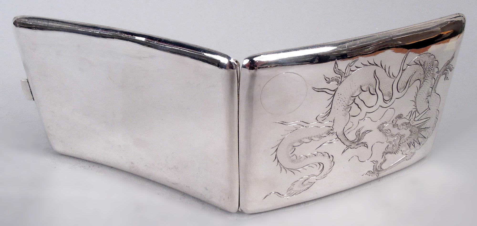 Chinese export silver cigarette case, ca 1910. Curved and rectangular with push tab. On cover engraved tail-chasing dragon—all talons and horns and scaly serpentine body. Back plain. Interior has open band. Marked. Weight: 3.5 troy ounces. 