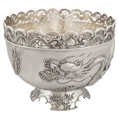 Antique Chinese Export Silver Dragon Bowl Circa 1900