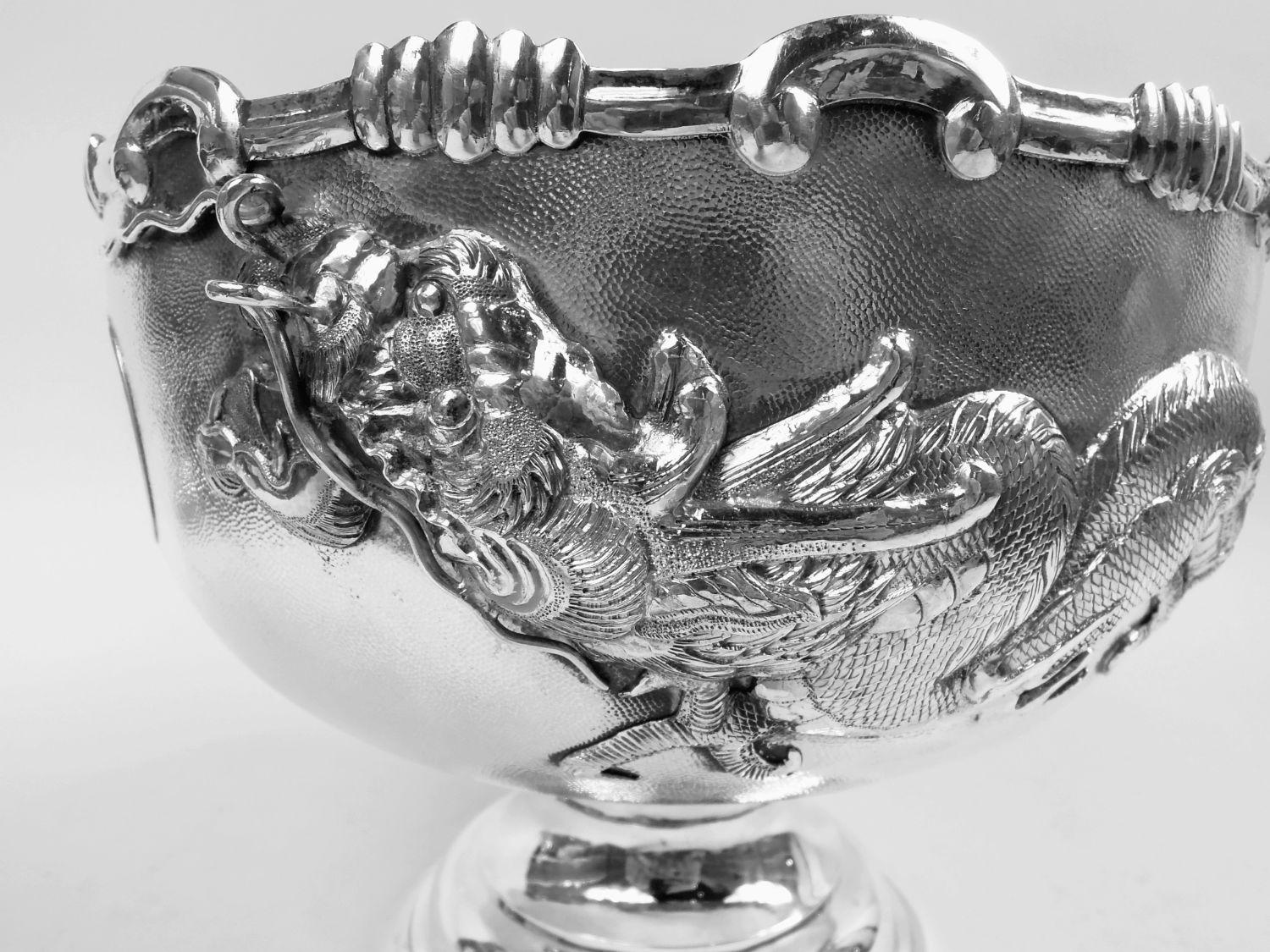 Antique Chinese Export Silver Dragon Centerpiece Bowl on Stand In Good Condition In New York, NY
