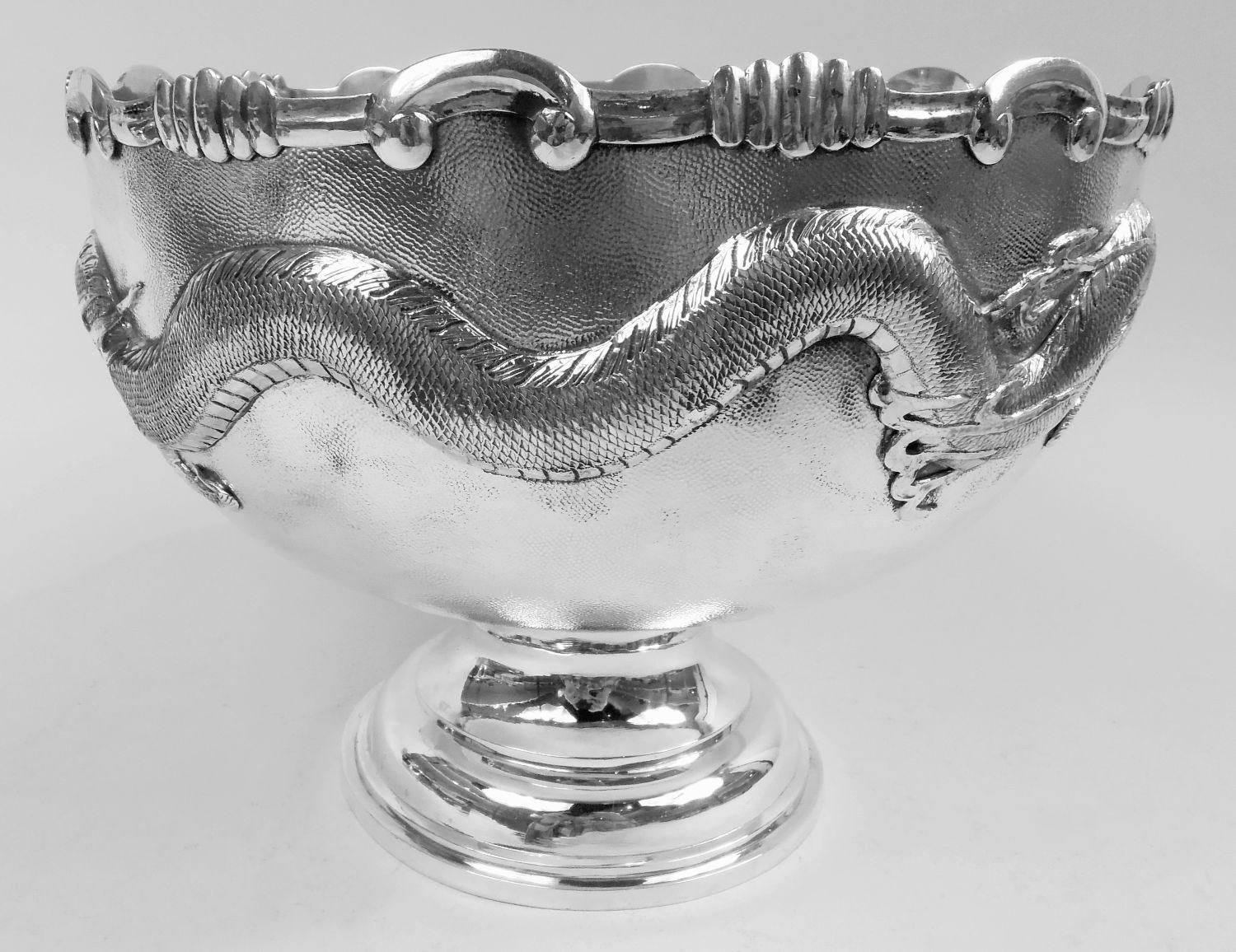 20th Century Antique Chinese Export Silver Dragon Centerpiece Bowl on Stand