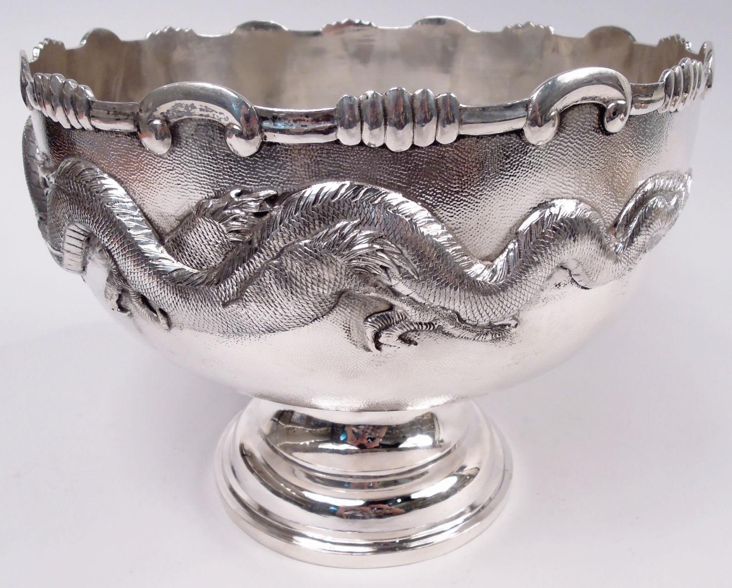 Antique Chinese Export Silver Dragon Centerpiece Bowl on Stand 1