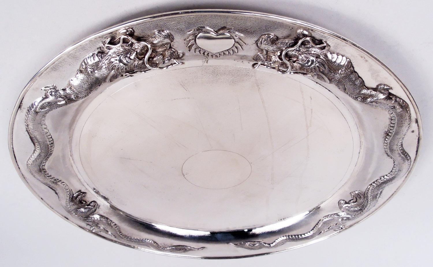 Antique Chinese Export Silver Dragon Centerpiece Bowl on Stand 3
