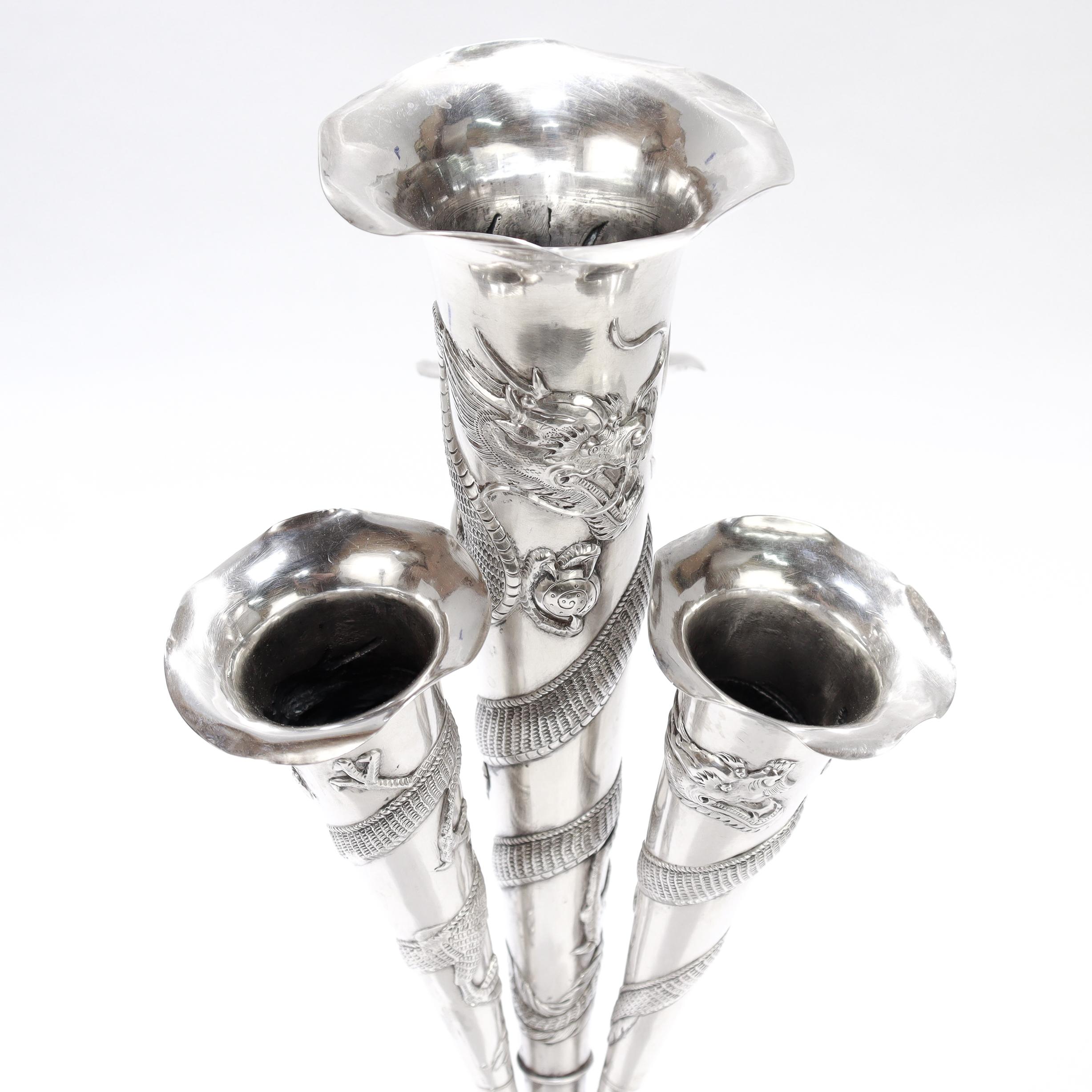Antique Chinese Export Silver Dragon Epergne Flower Vase by Kwan Wo For Sale 6