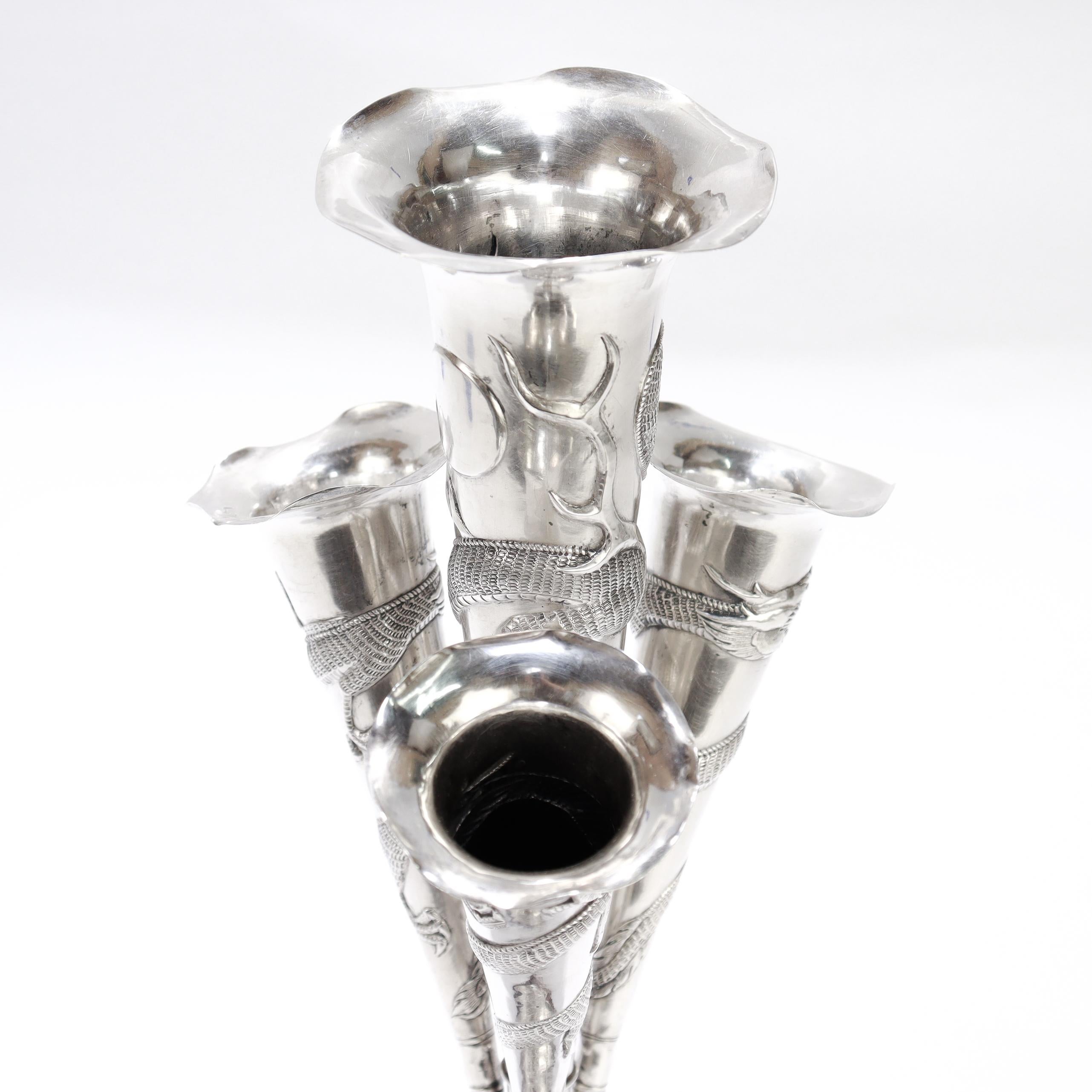 Antique Chinese Export Silver Dragon Epergne Flower Vase by Kwan Wo For Sale 7