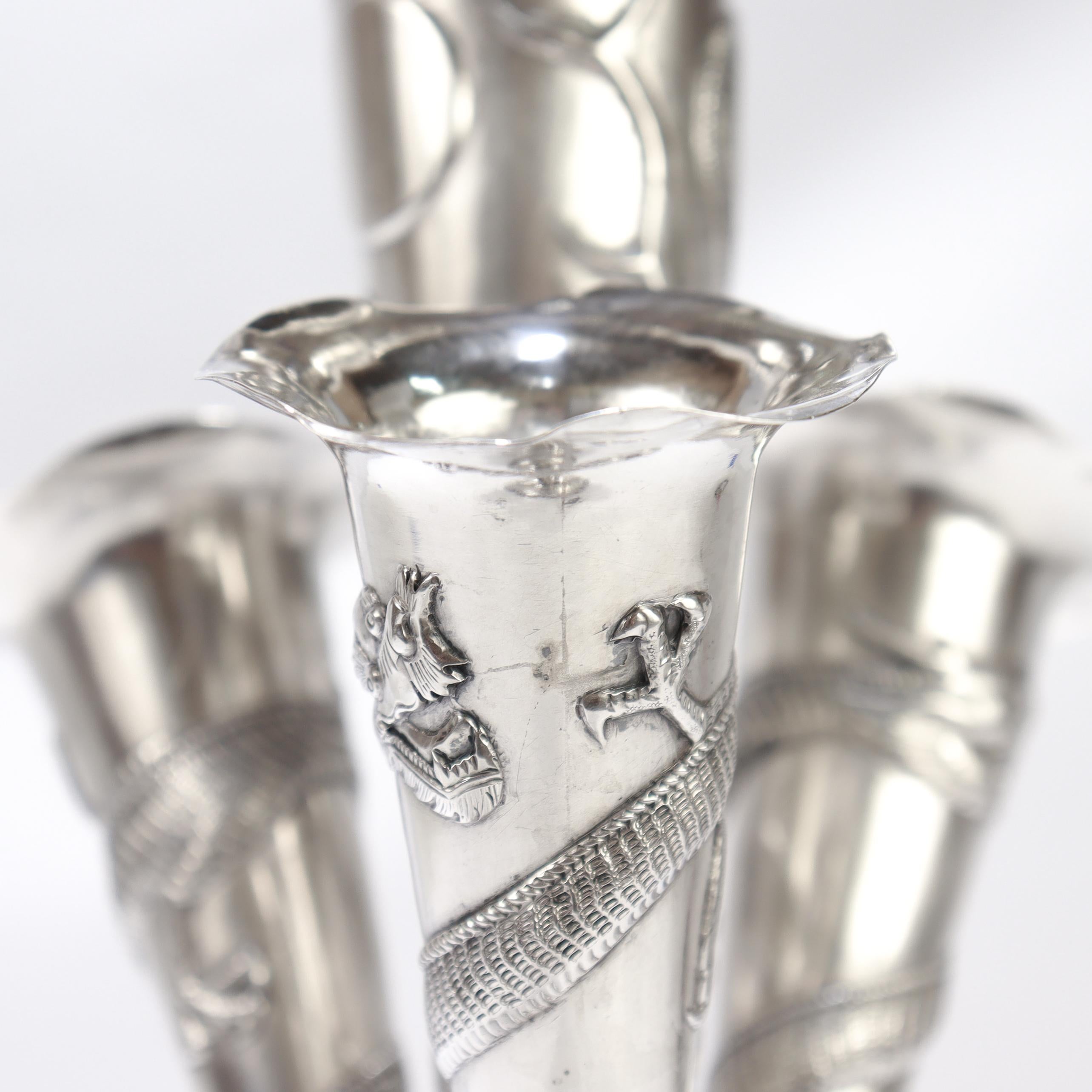 Antique Chinese Export Silver Dragon Epergne Flower Vase by Kwan Wo For Sale 12