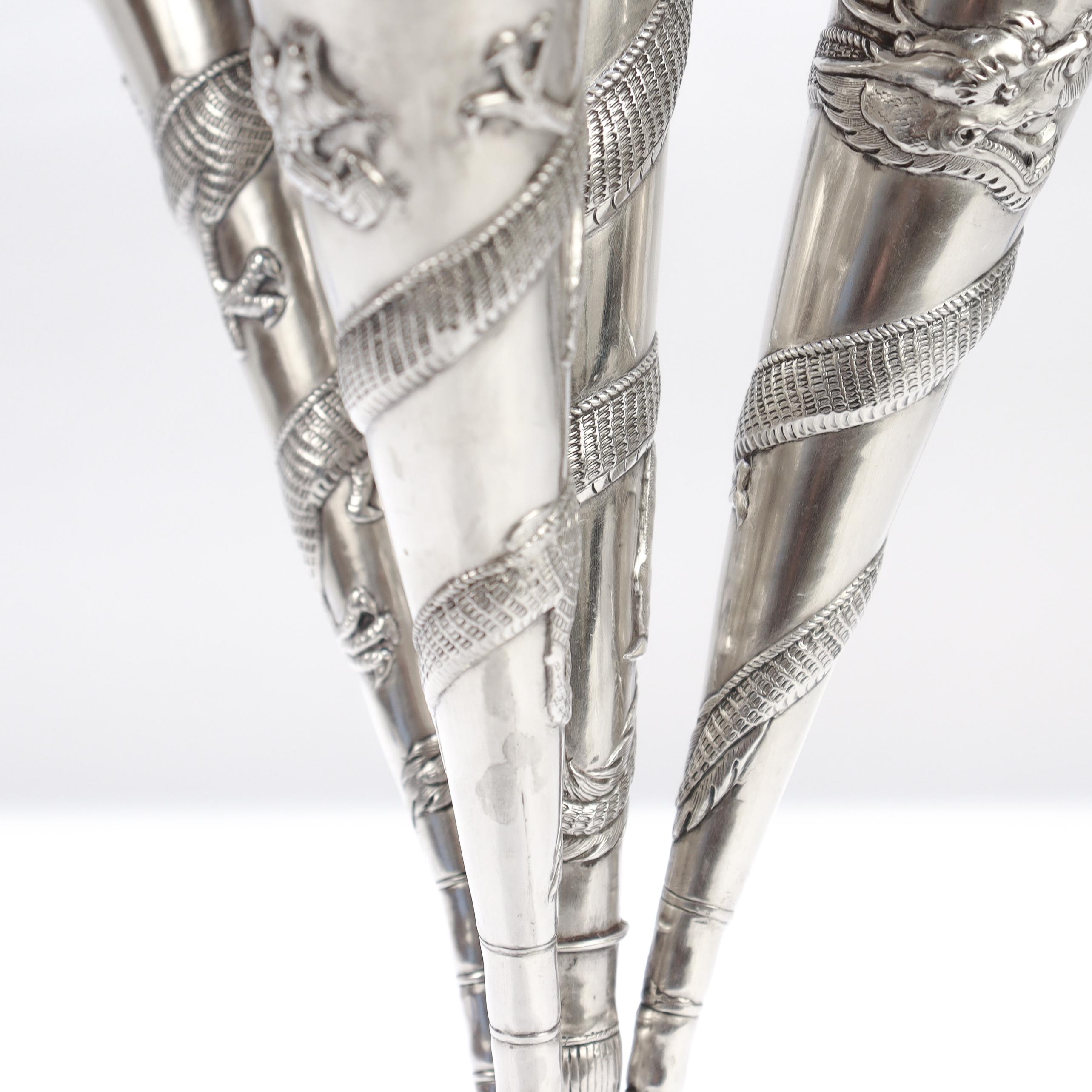 Antique Chinese Export Silver Dragon Epergne Flower Vase by Kwan Wo For Sale 13