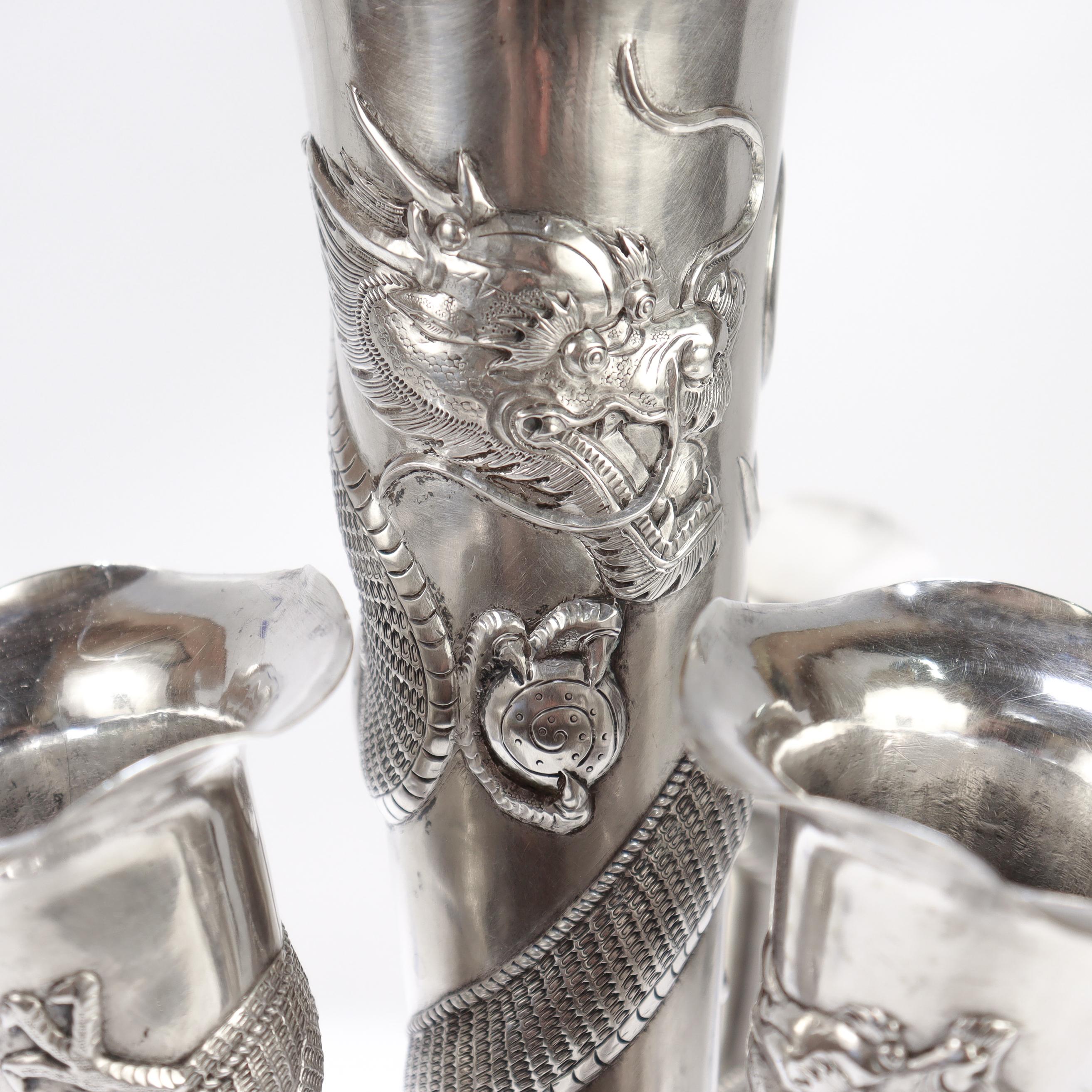 Antique Chinese Export Silver Dragon Epergne Flower Vase by Kwan Wo In Good Condition For Sale In Philadelphia, PA