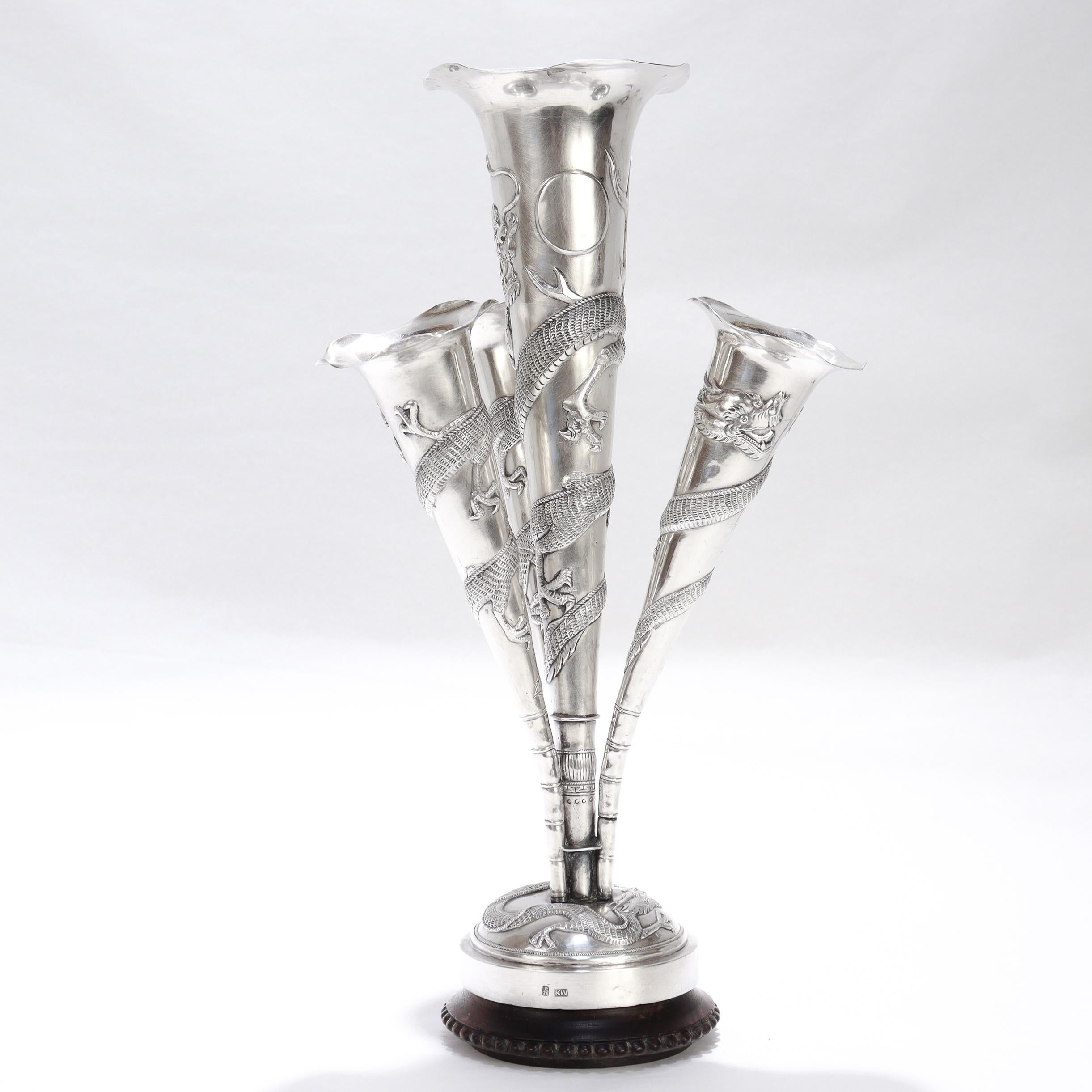 20th Century Antique Chinese Export Silver Dragon Epergne Flower Vase by Kwan Wo For Sale