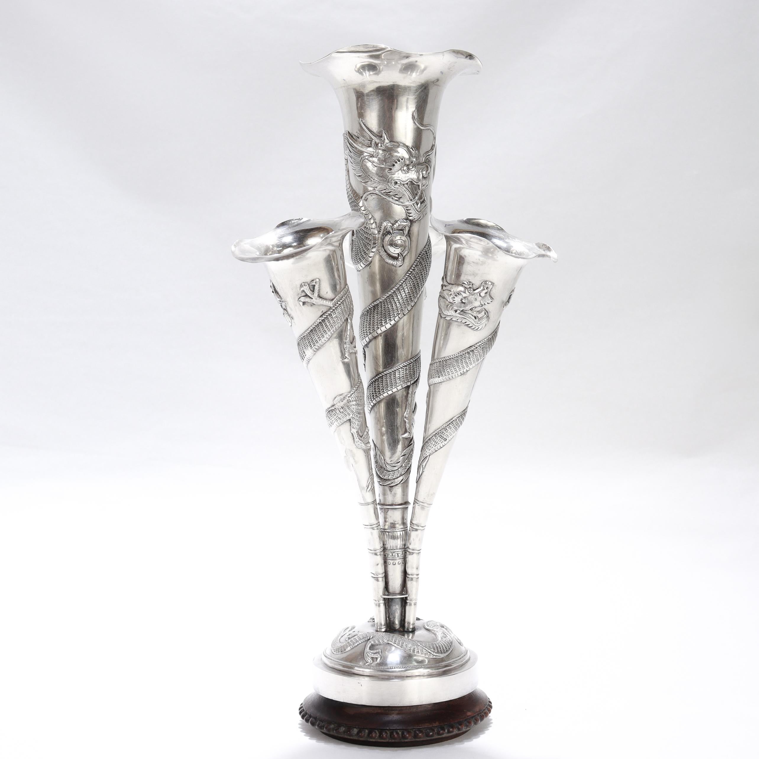 Antique Chinese Export Silver Dragon Epergne Flower Vase by Kwan Wo For Sale 1
