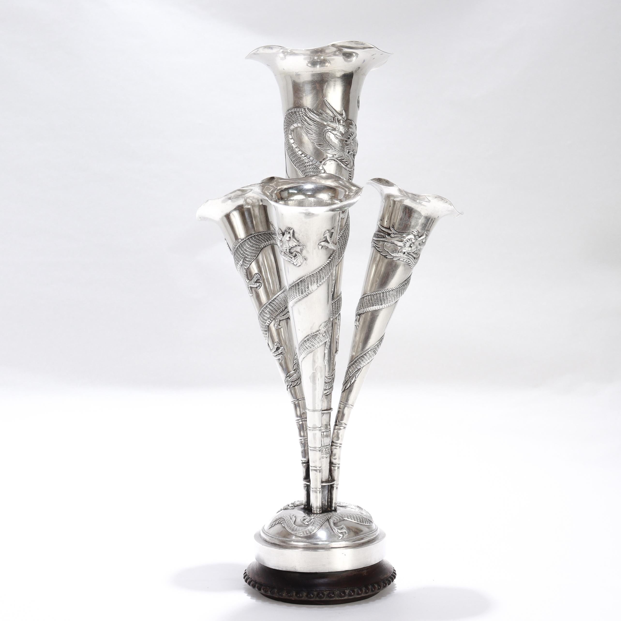 Antique Chinese Export Silver Dragon Epergne Flower Vase by Kwan Wo For Sale 2