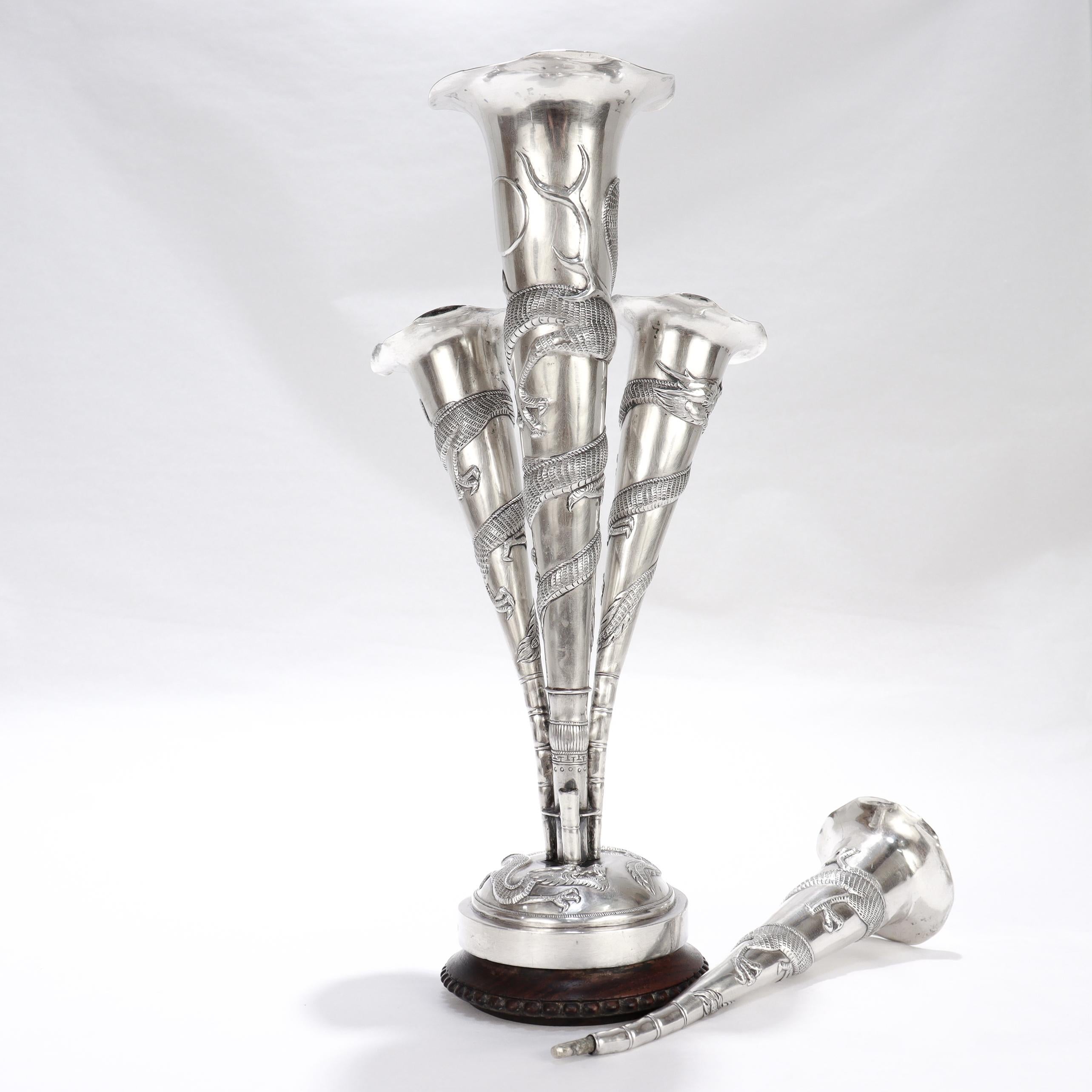 Antique Chinese Export Silver Dragon Epergne Flower Vase by Kwan Wo For Sale 3