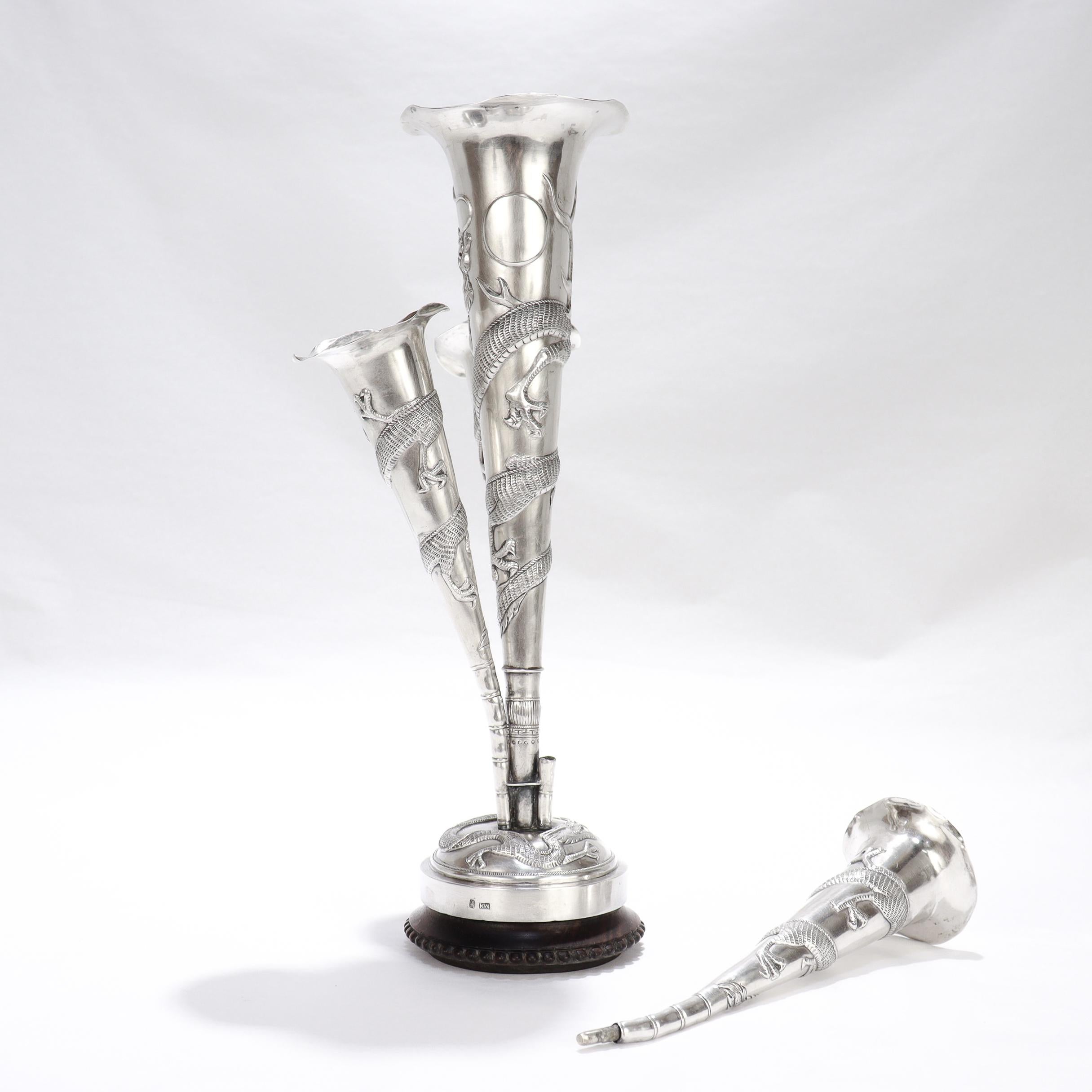Antique Chinese Export Silver Dragon Epergne Flower Vase by Kwan Wo For Sale 4