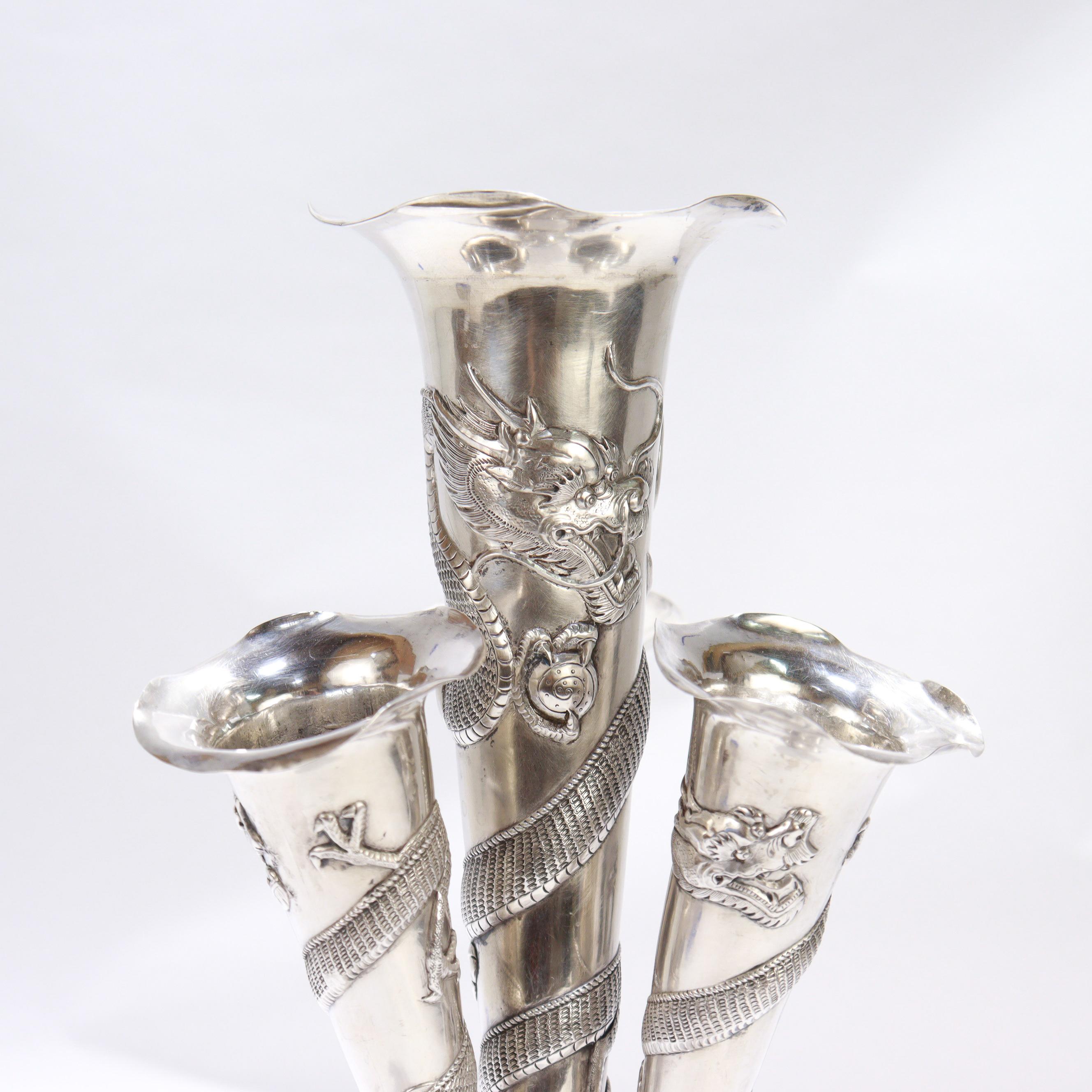 Antique Chinese Export Silver Dragon Epergne Flower Vase by Kwan Wo For Sale 5