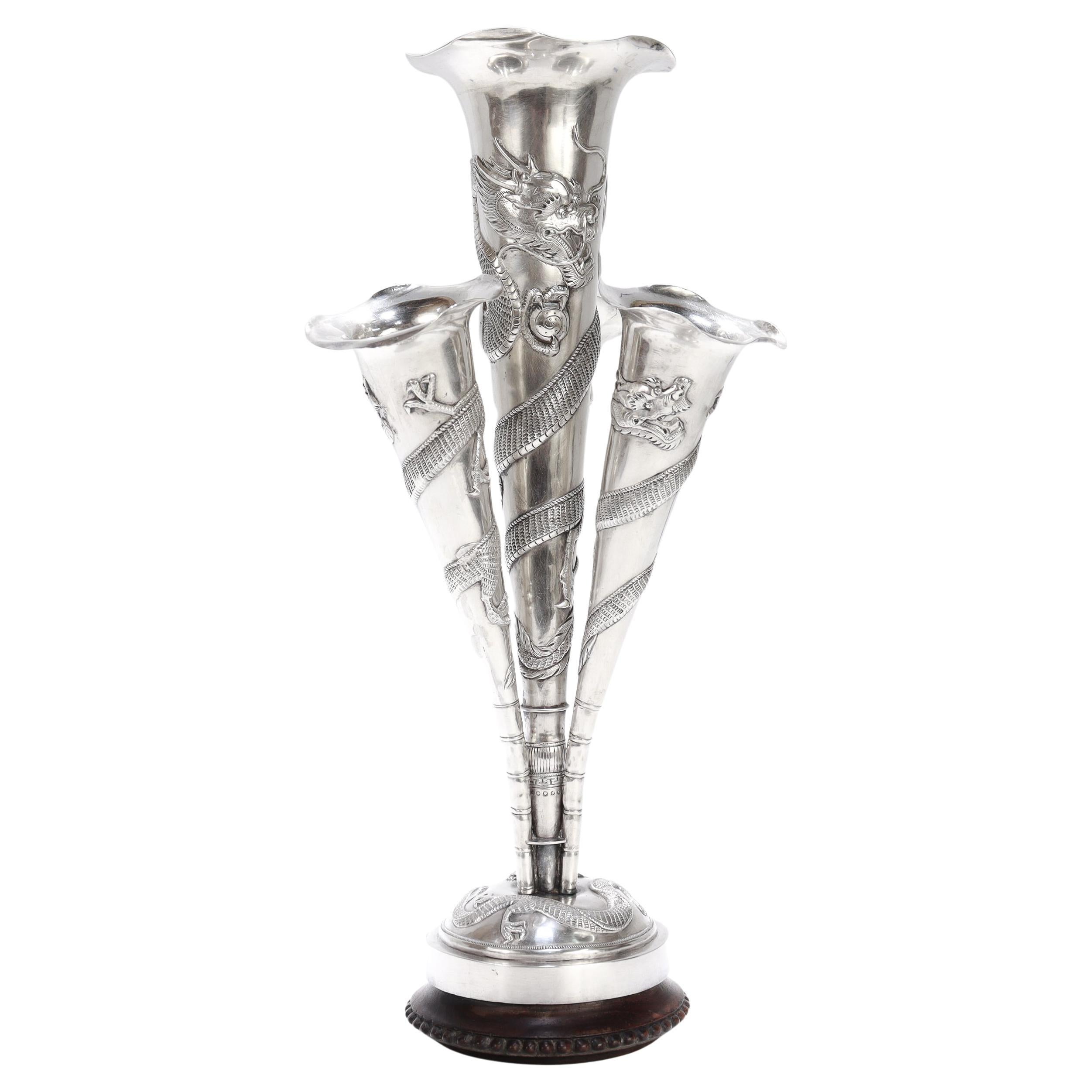 Antique Chinese Export Silver Dragon Epergne Flower Vase by Kwan Wo For Sale