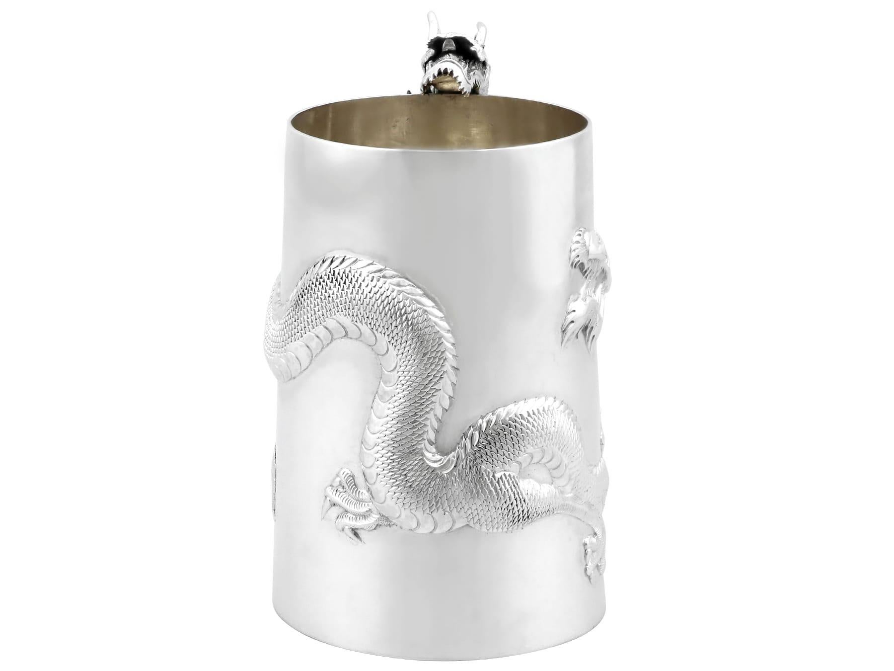 Late 19th Century Antique Chinese Export Silver Dragon Mug Circa 1890 For Sale