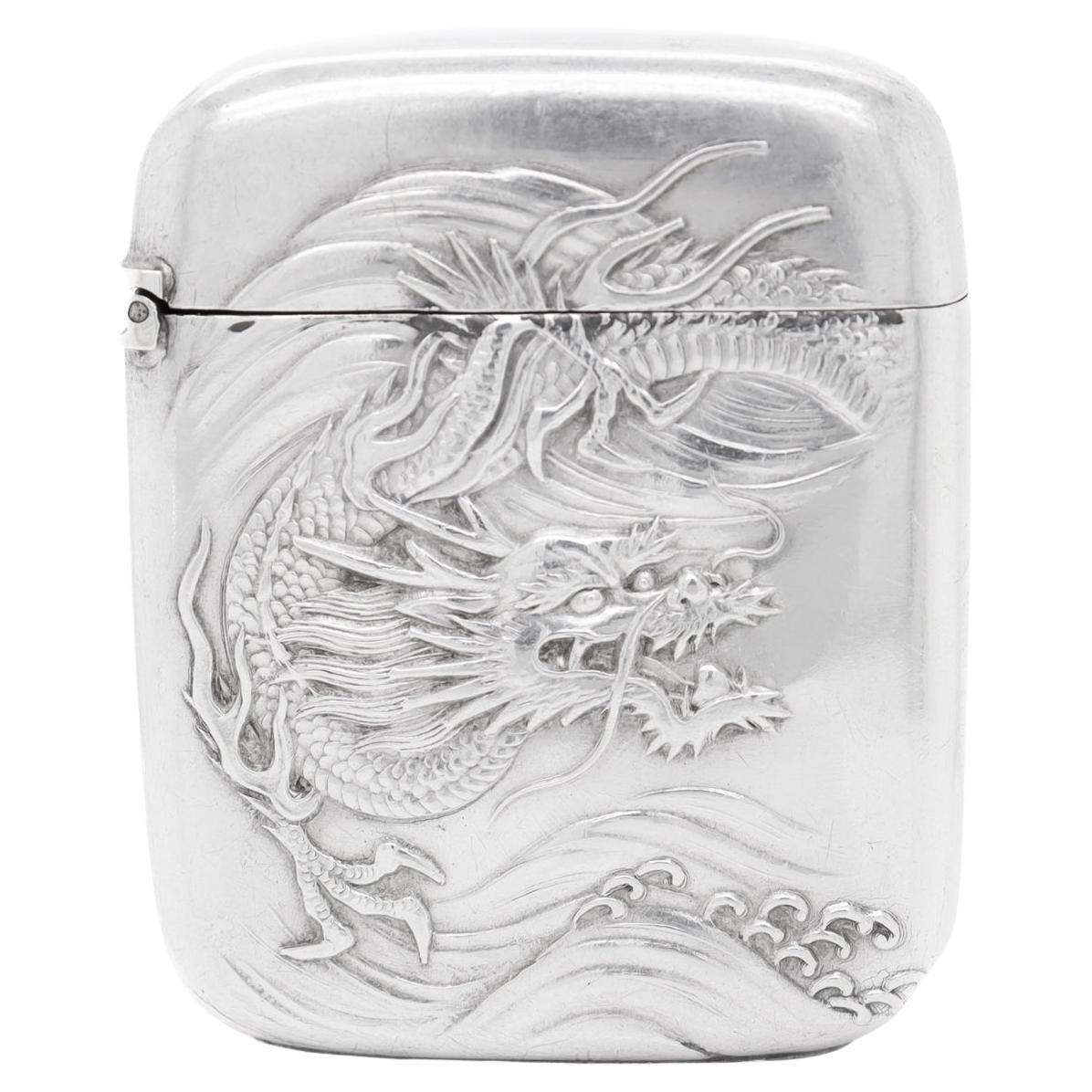 Antike chinesische Export Silber Drache & Wellen Vesta oder Matchsafe