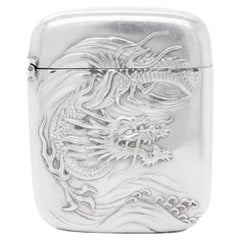 Antike chinesische Export Silber Drache & Wellen Vesta oder Matchsafe