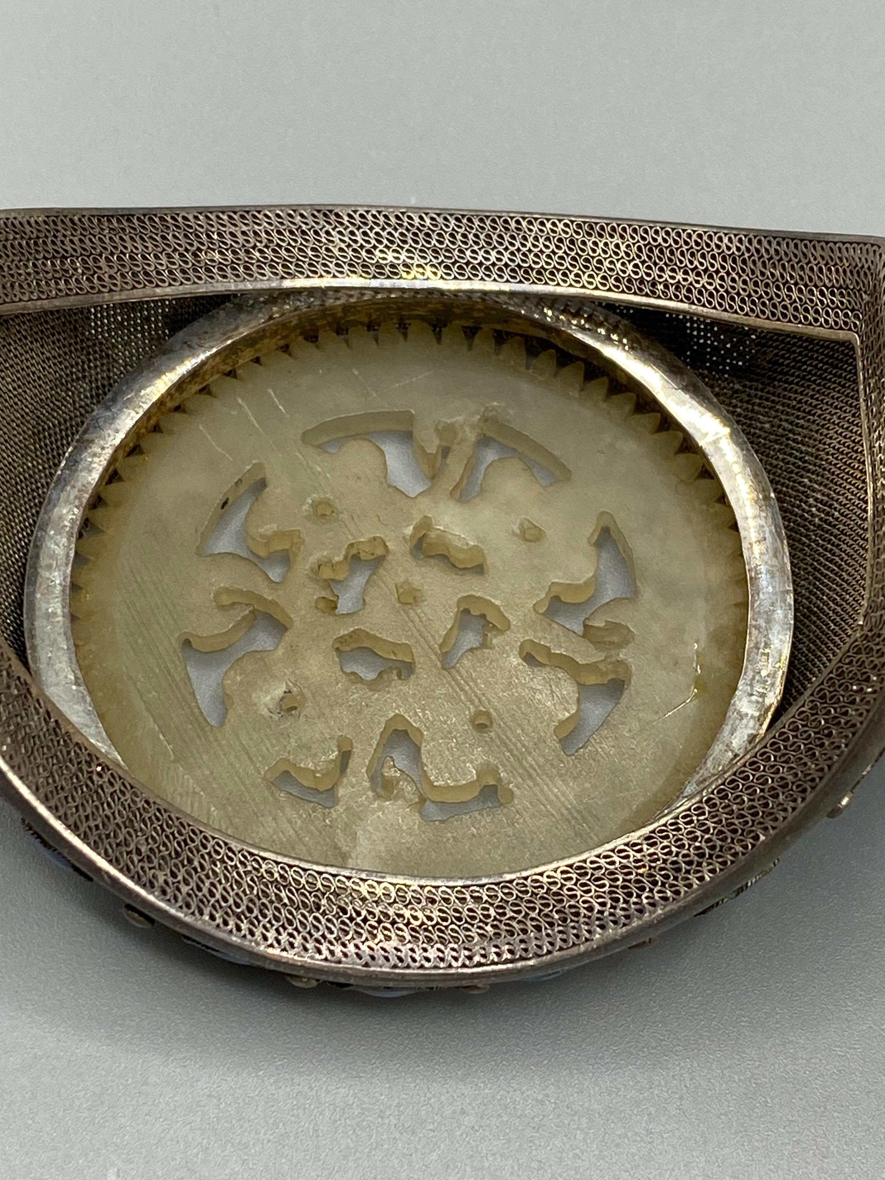 Antique Chinese Export silver, enamel & carved white jade bracelet For Sale 4