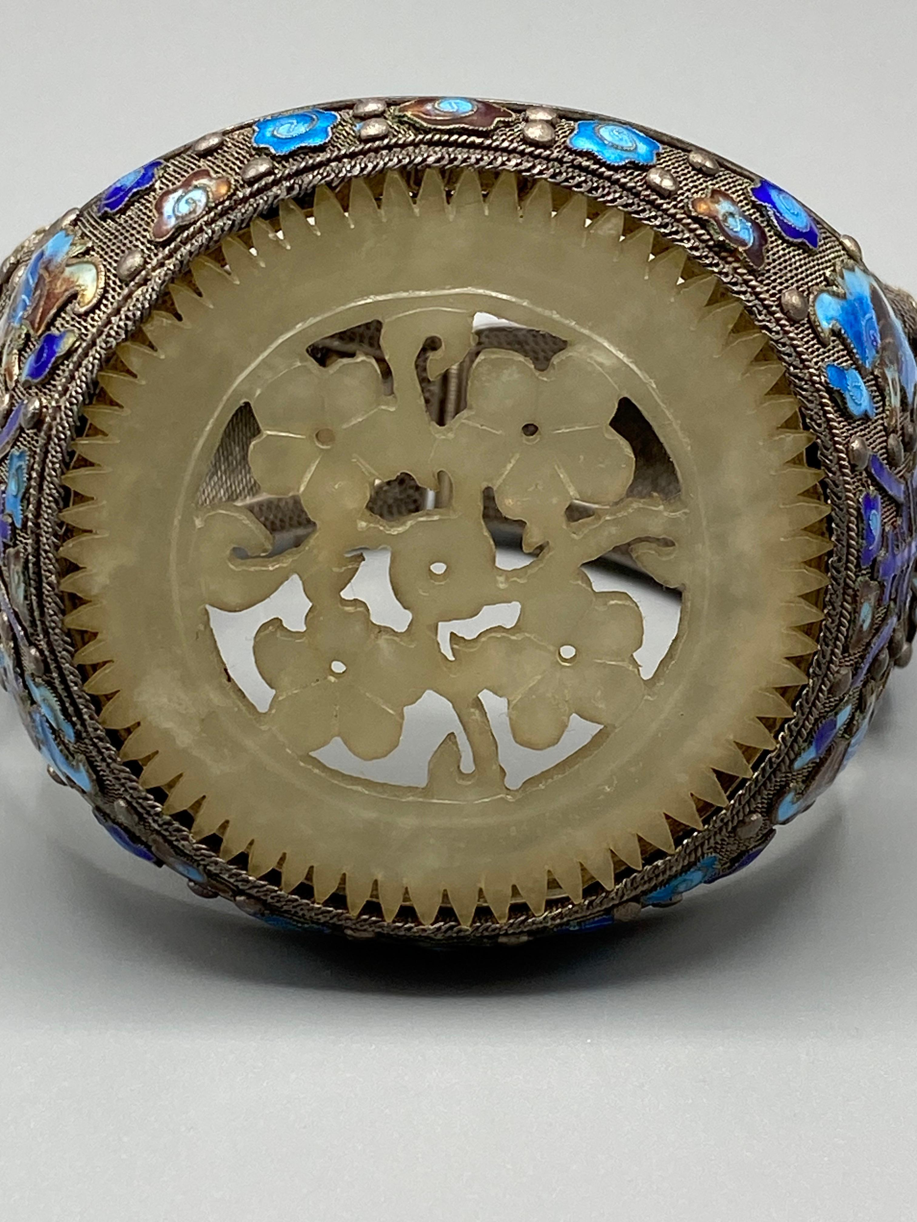Antique Chinese Export silver, enamel & carved white jade bracelet For Sale 5