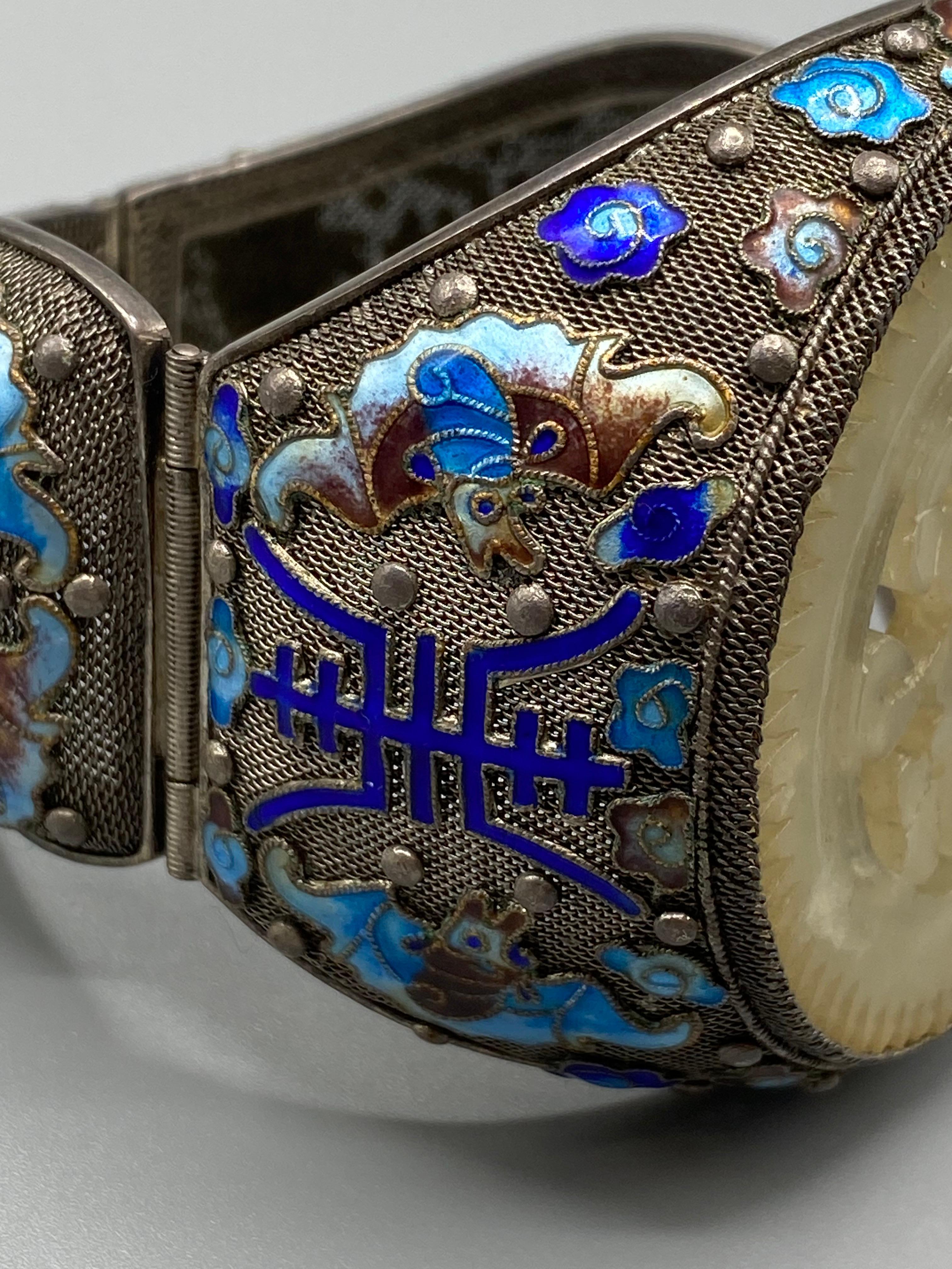 Antique Chinese Export silver, enamel & carved white jade bracelet For Sale 9