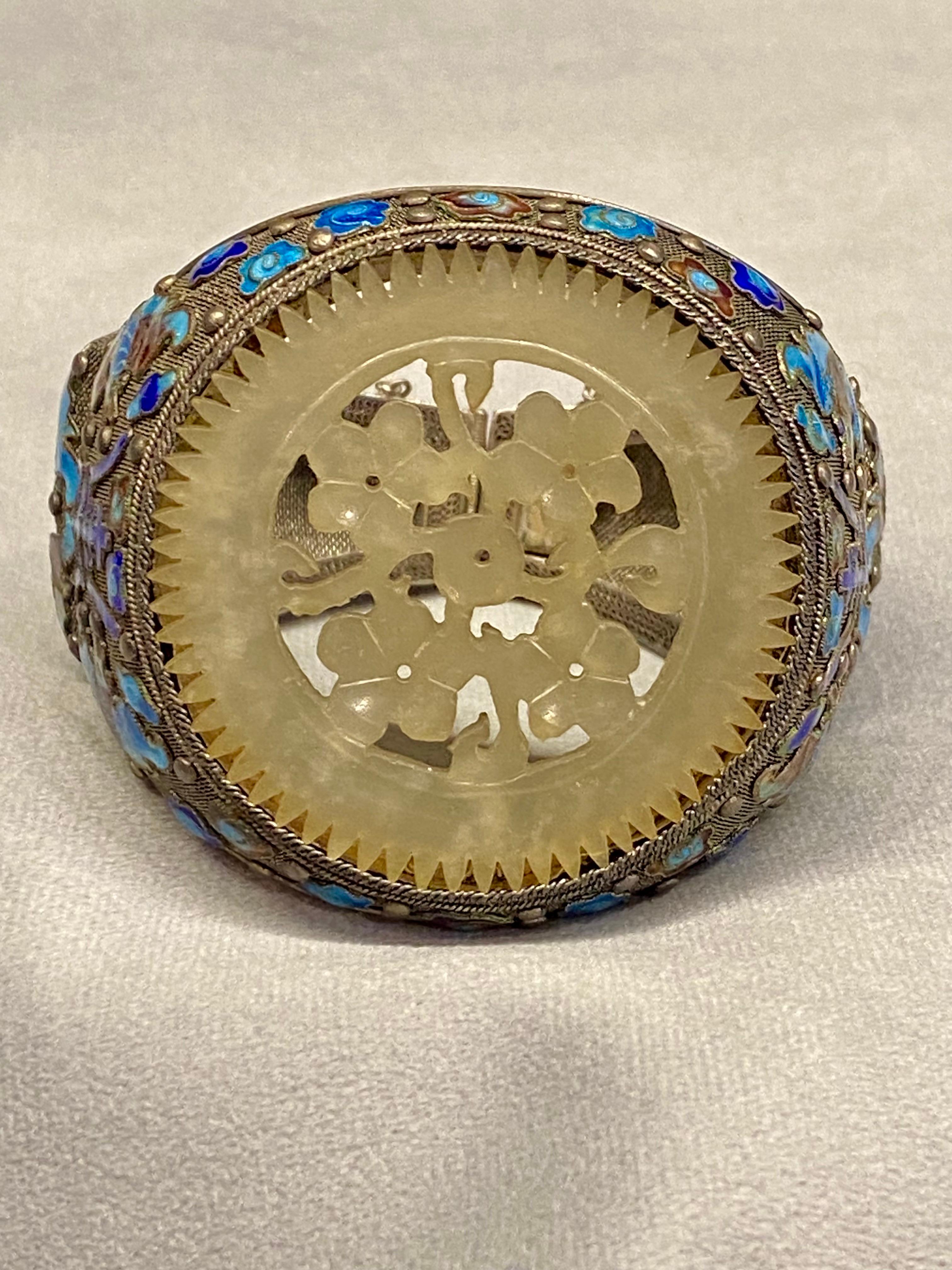Uncut Antique Chinese Export silver, enamel & carved white jade bracelet For Sale