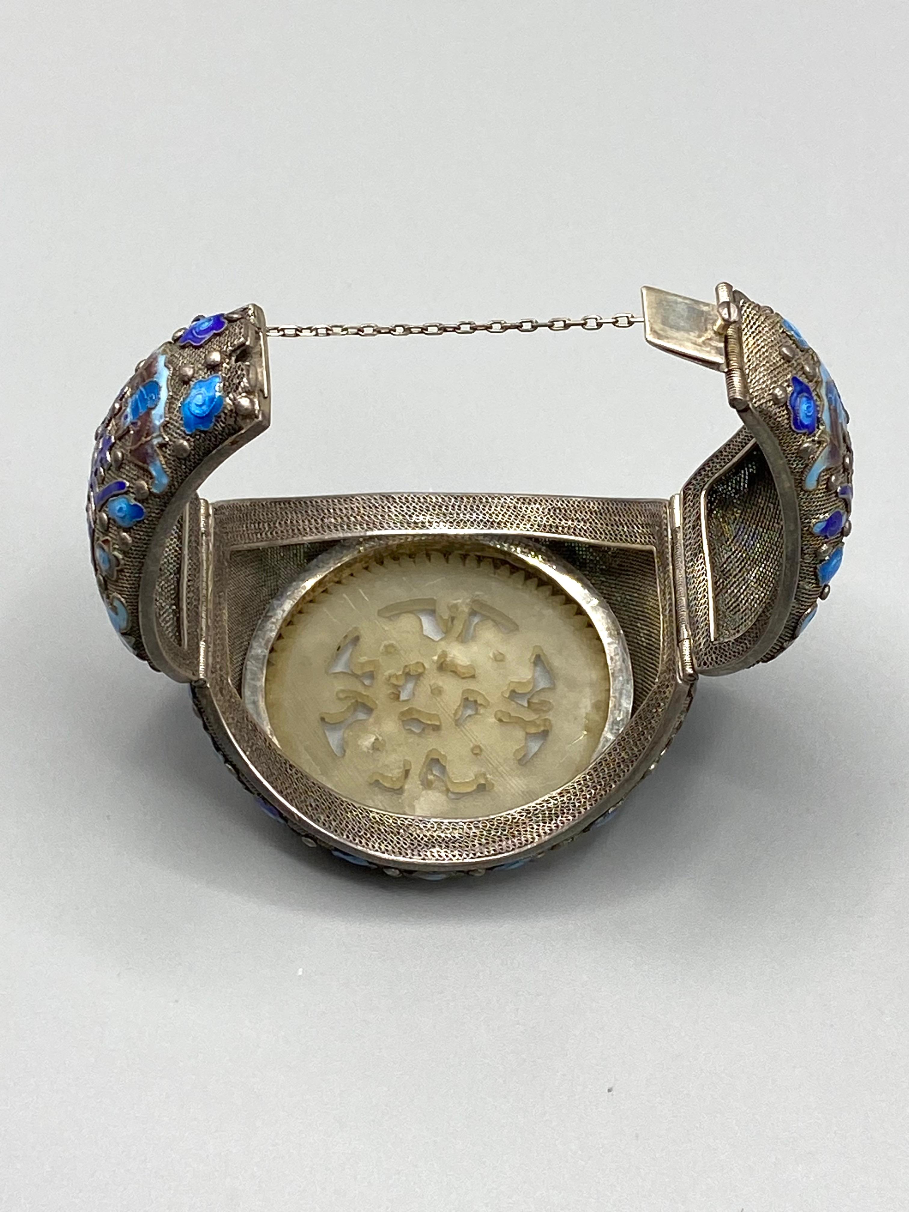 Antique Chinese Export silver, enamel & carved white jade bracelet For Sale 2