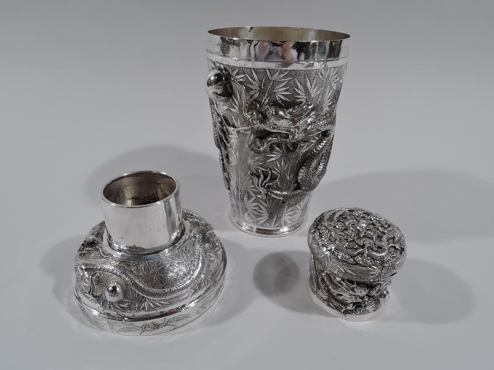 Antique Chinese Export Silver Firewater Dragon Cocktail Shaker In Excellent Condition In New York, NY
