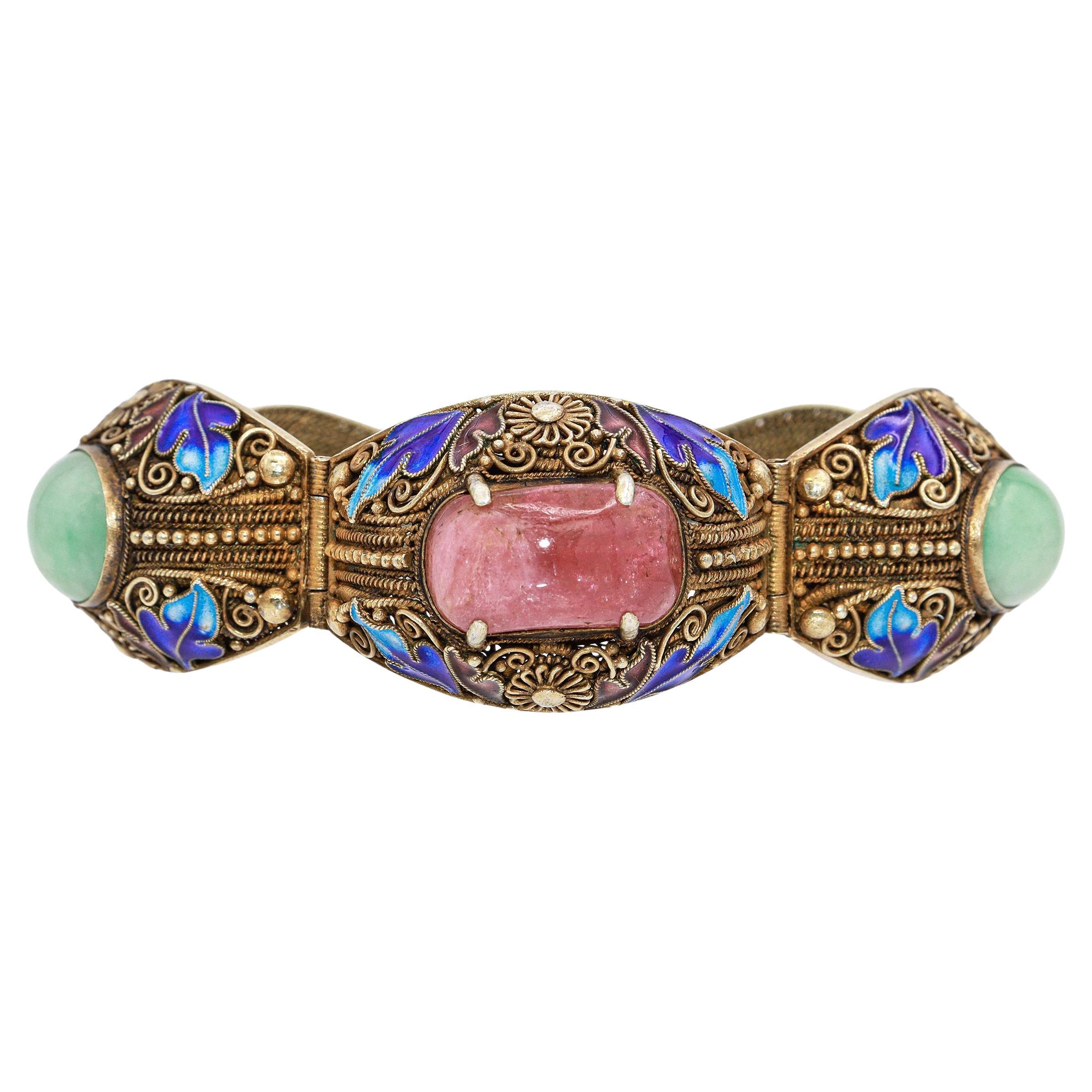 Antique Chinese Export Silver Gilt Enamel Jade Tourmaline Filigree Bracelet For Sale