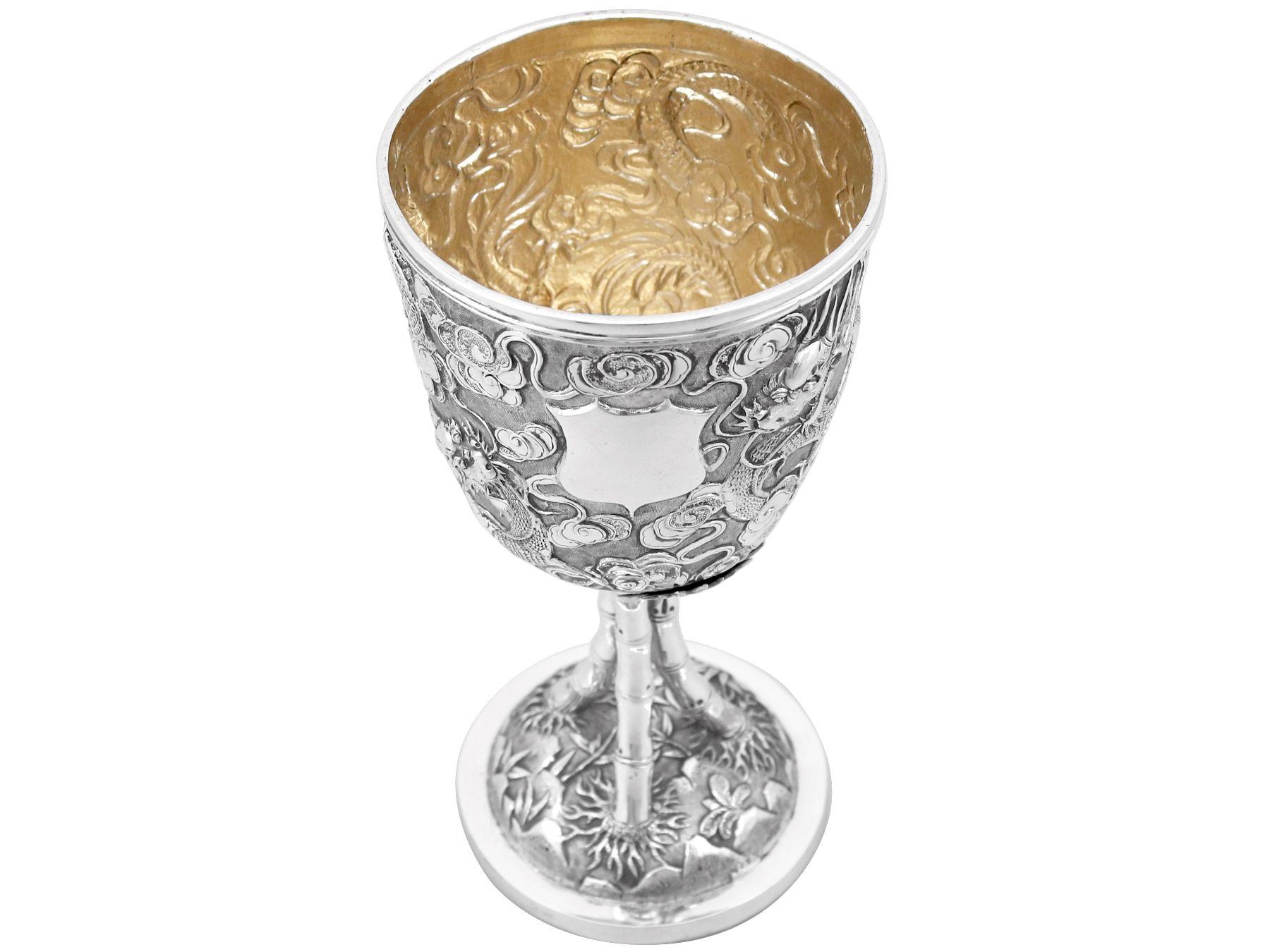 An exceptional, fine and impressive antique Chinese Export Silver goblet; an addition to our wine and drinks related silverware collection

This exceptional antique Chinese Export Silver (CES) goblet has a circular bell shaped form, to a shaped